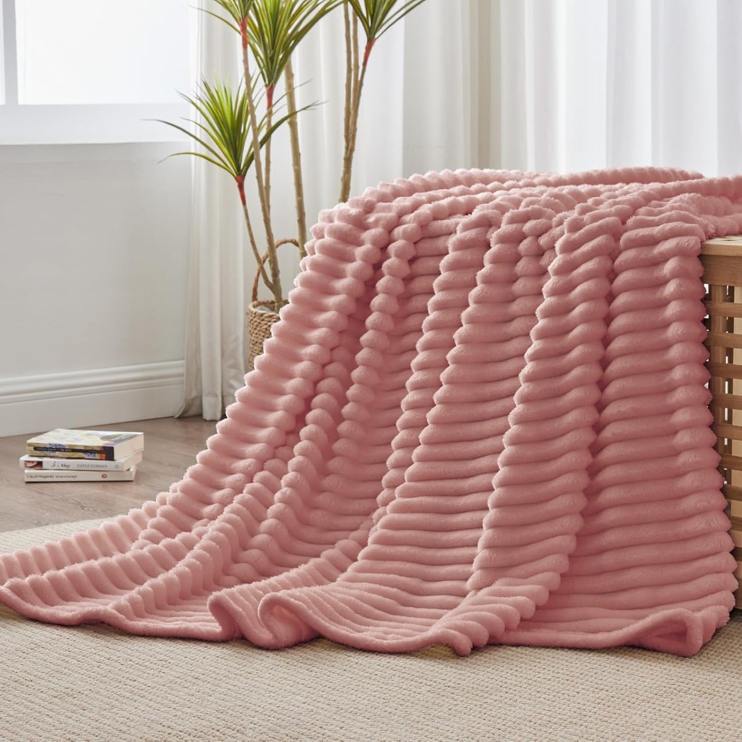 BEDELITE Fleece Throw Blanket for Couch - 300GSM Soft & Warm Fluffy Cream White Blanket, Decorative and Giftable Striped Blankets for Women, Men, 50"x60"