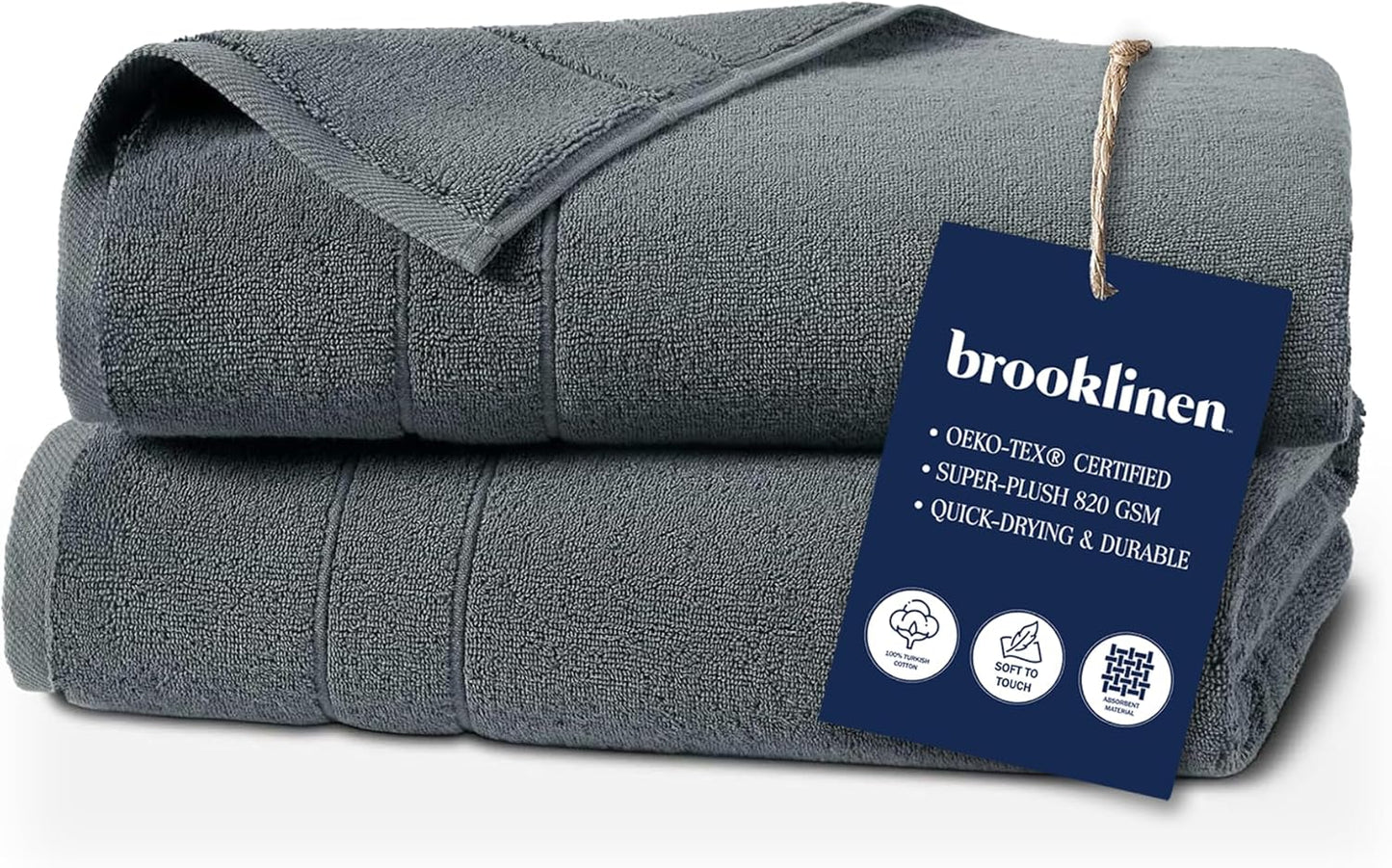 Brooklinen Super-Plush Turkish Cotton Bath Towels Set of 2 Cotton, 820 GSM, Machine Washable, Perfect Bath Towels for Bathroom, Spa & Shower (30" x 58", Smoke Grey)