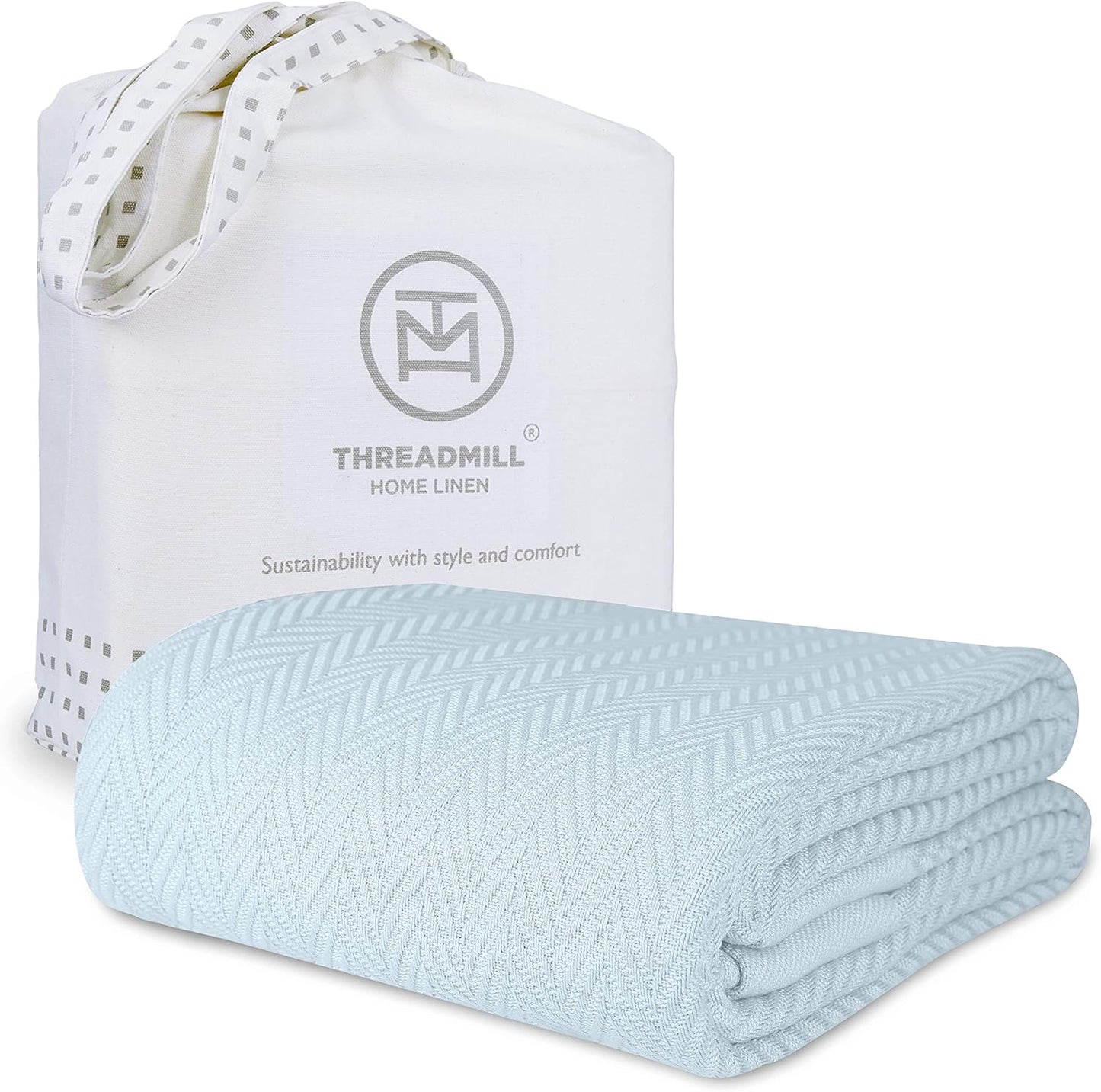 Threadmill Luxury Cotton Blankets Queen Size | All-Season 100% Cotton Blanket for Queen/Full Size Bed | Herringbone Soft Breathable | Sage Green