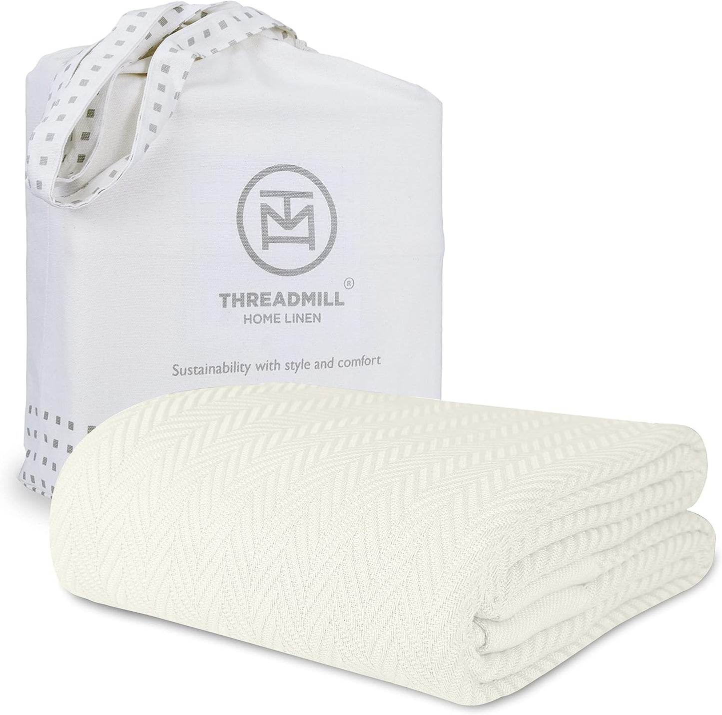 Threadmill Luxury Cotton Blankets Queen Size | All-Season 100% Cotton Blanket for Queen/Full Size Bed | Herringbone Soft Breathable | Sage Green