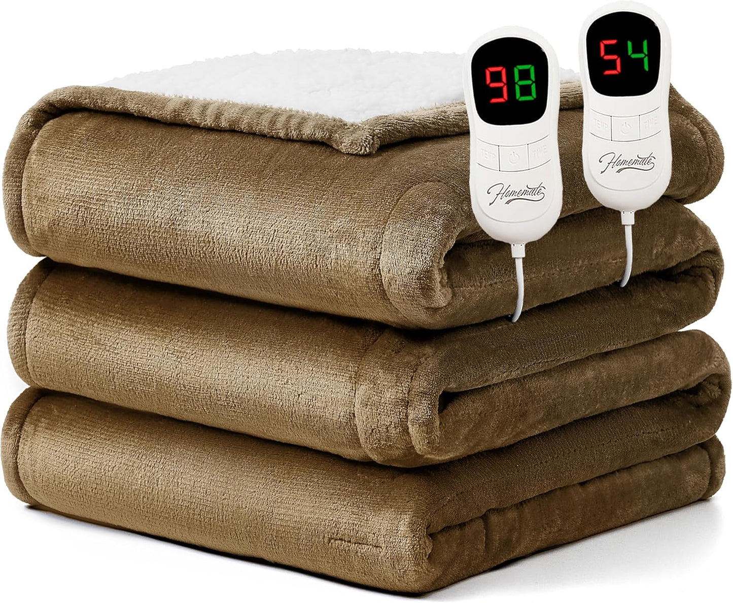 Homemate Heated Blanket Electric Throw - 50"x60" Heating Blanket Throw 1/2/4/6/8 Hours Auto-Off 10 Heat Level Over-Heat Protection Flannel Sherpa Electric ETL Certification