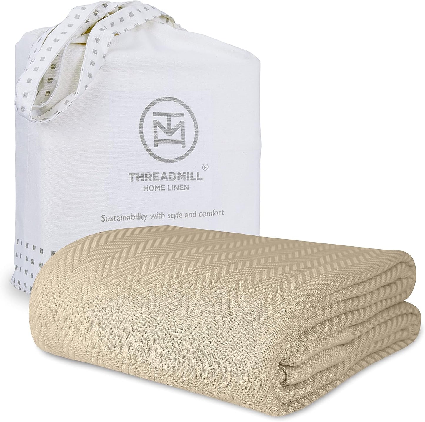 Threadmill Luxury Cotton Blankets Queen Size | All-Season 100% Cotton Blanket for Queen/Full Size Bed | Herringbone Soft Breathable | Sage Green