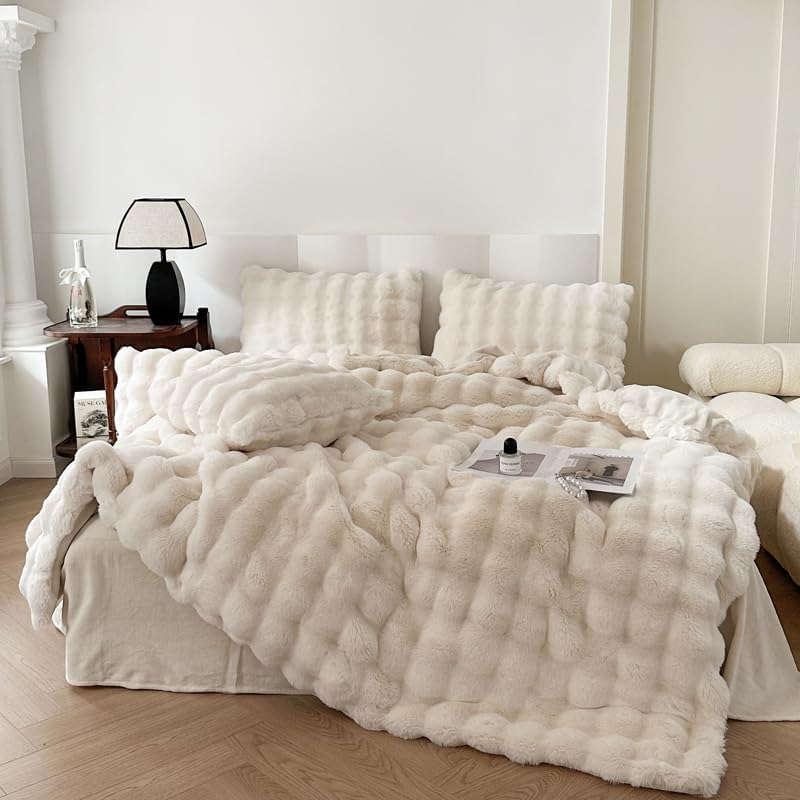 H&D Faux Fur Throw Blanket for Couch,Fluffy Cozy Soft Plush Luxury Thick Fuzzy Fleece Blanket for Couch Bed Sofa Bedroom Living Room,Comfy Bubble Blanket (Ivory, Throw (50" x 60"))