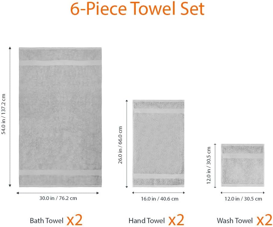 Amazon Basics 6 Piece Oversized Fade resistant Towel set, 100% Cotton towels for bathroom, soft and absorbent, 2 Bath Towels, 2 Hand Towels and 2 Washcloths bathroom towel set, Gray