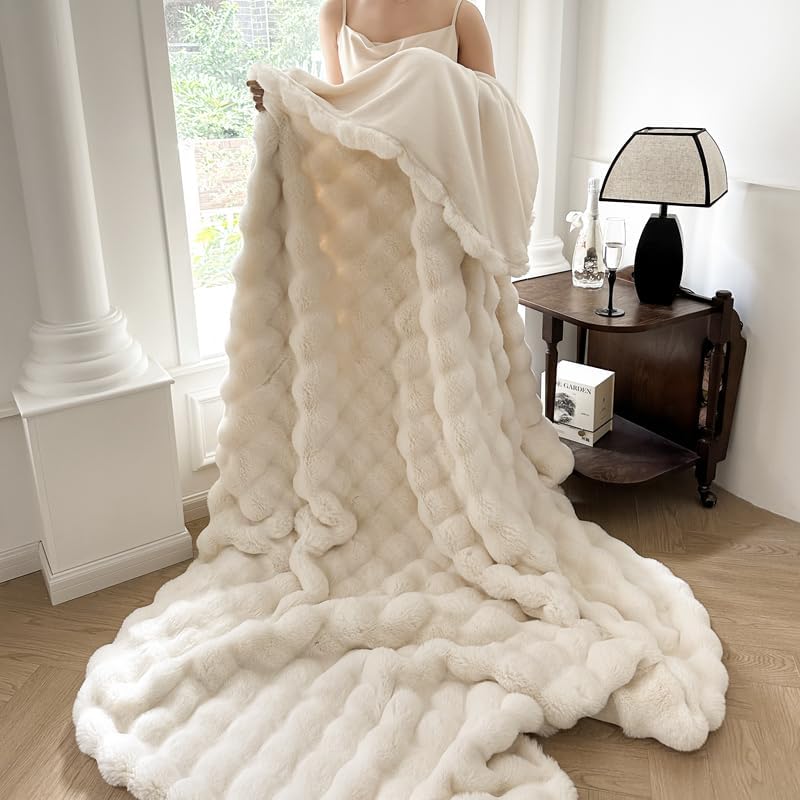 H&D Faux Fur Throw Blanket for Couch,Fluffy Cozy Soft Plush Luxury Thick Fuzzy Fleece Blanket for Couch Bed Sofa Bedroom Living Room,Comfy Bubble Blanket (Ivory, Throw (50" x 60"))