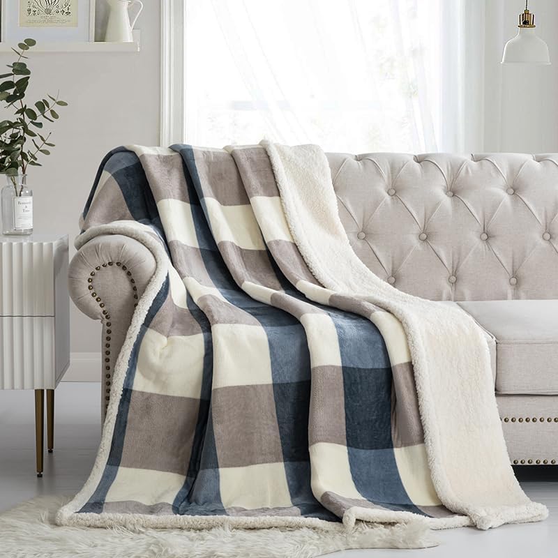 PU MEI Sherpa Fleece Throw Blanket 60" x 80" Reversible Plush Fluffy Large Big Blanket Lattice Flannel Blankets for Sofa Couch Bed (Grey-Soft Blue, 60"*80")