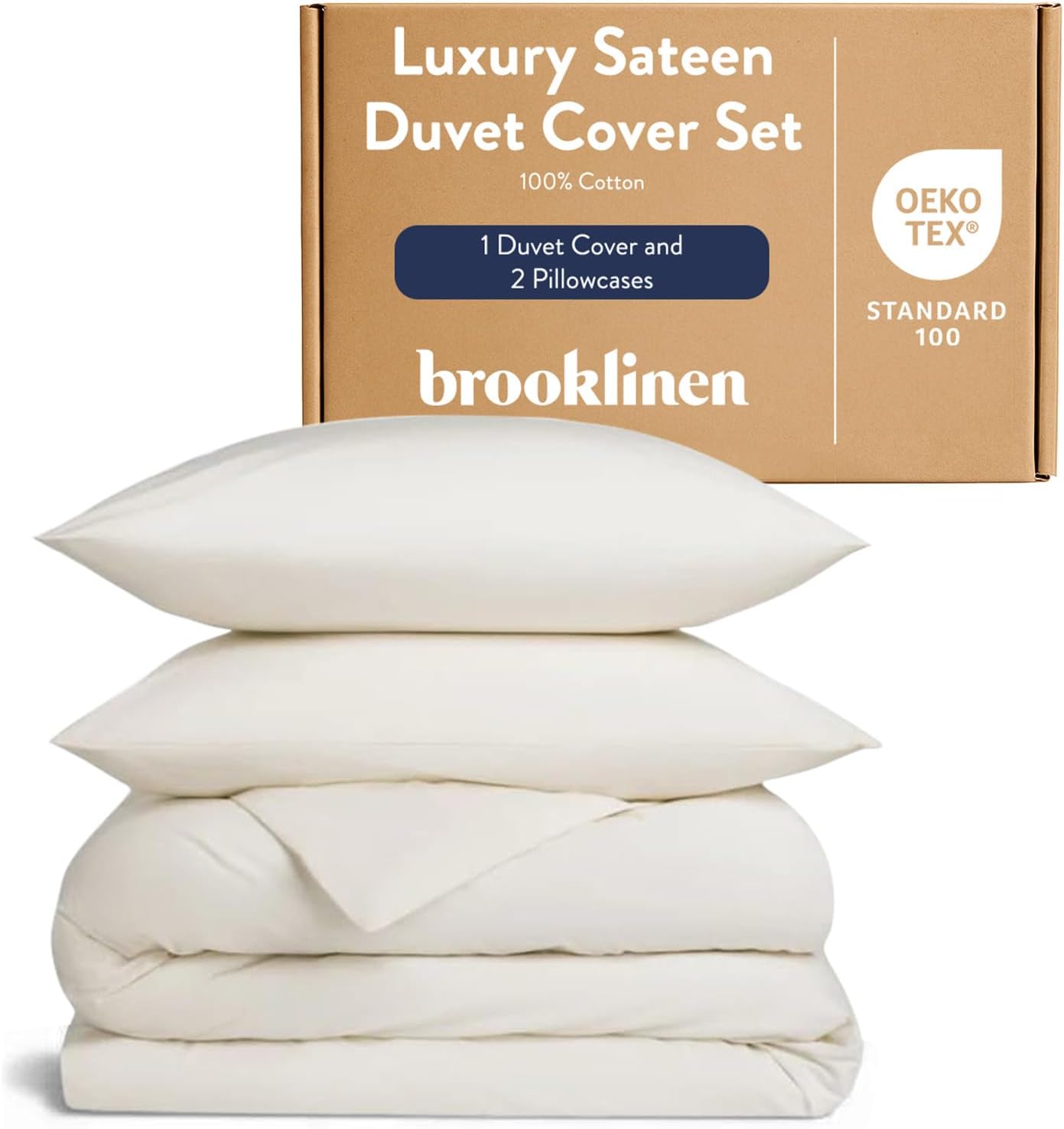 Brooklinen Luxury Sateen Duvet Cover - 100% Cotton, Full/Queen Size in White with Extra-Long Corner Ties and Button Closure | Best Luxury Sheets