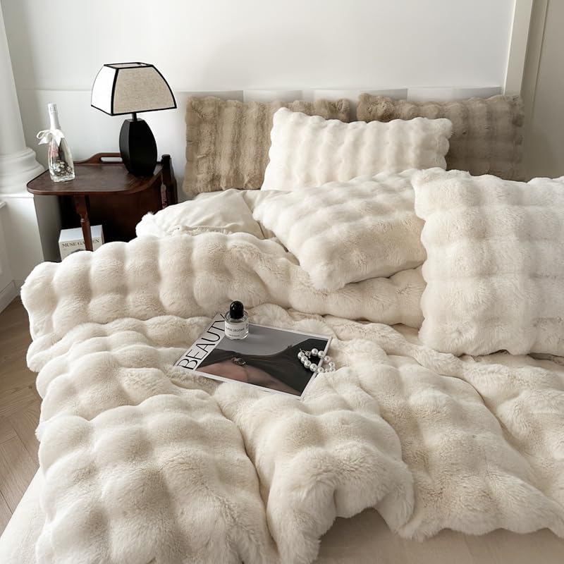 H&D Faux Fur Throw Blanket for Couch,Fluffy Cozy Soft Plush Luxury Thick Fuzzy Fleece Blanket for Couch Bed Sofa Bedroom Living Room,Comfy Bubble Blanket (Ivory, Throw (50" x 60"))