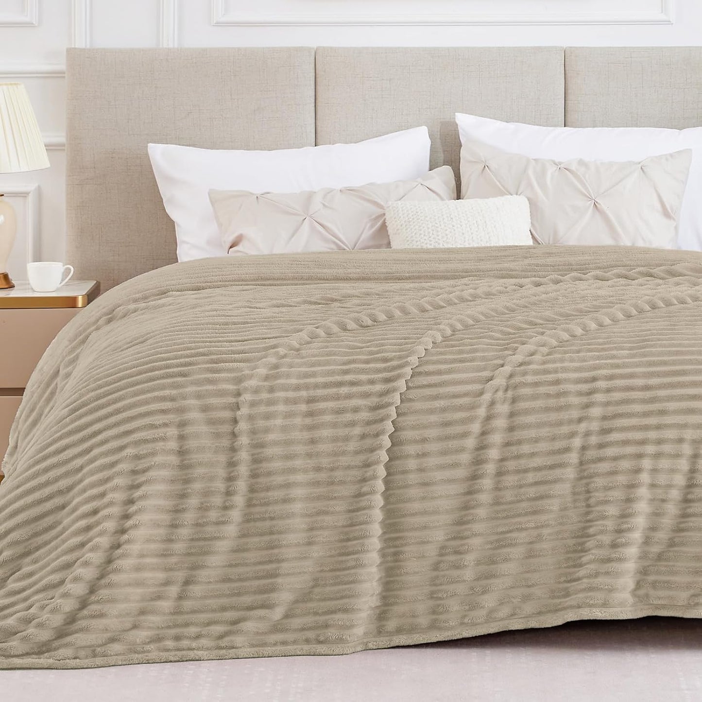 BEDELITE Fleece Throw Blanket for Couch - 300GSM Soft & Warm Fluffy Cream White Blanket, Decorative and Giftable Striped Blankets for Women, Men, 50"x60"