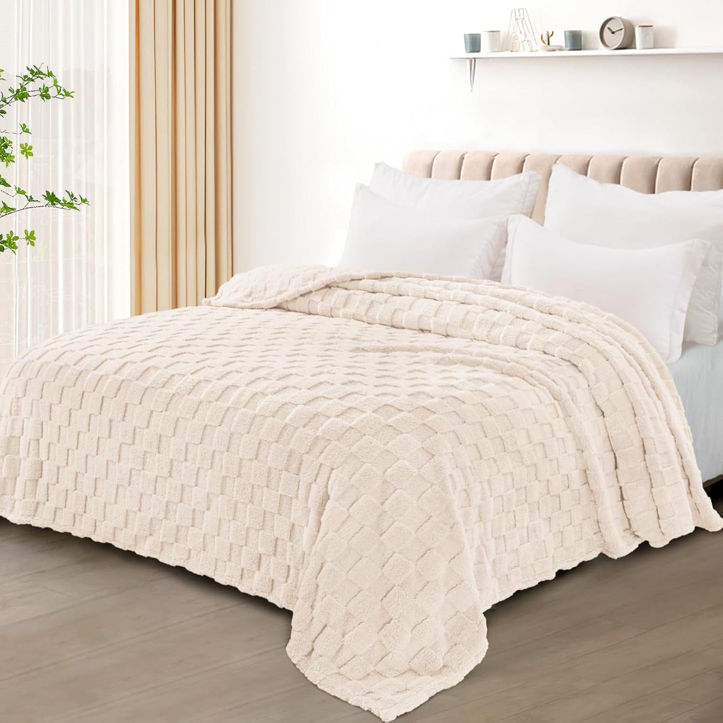 Exclusivo Mezcla Fleece Throw Blanket for Couch,Super Soft and Warm Lightweight Checkered Pattern Blankets for All Seasons, 50x60 Inches, Ivory