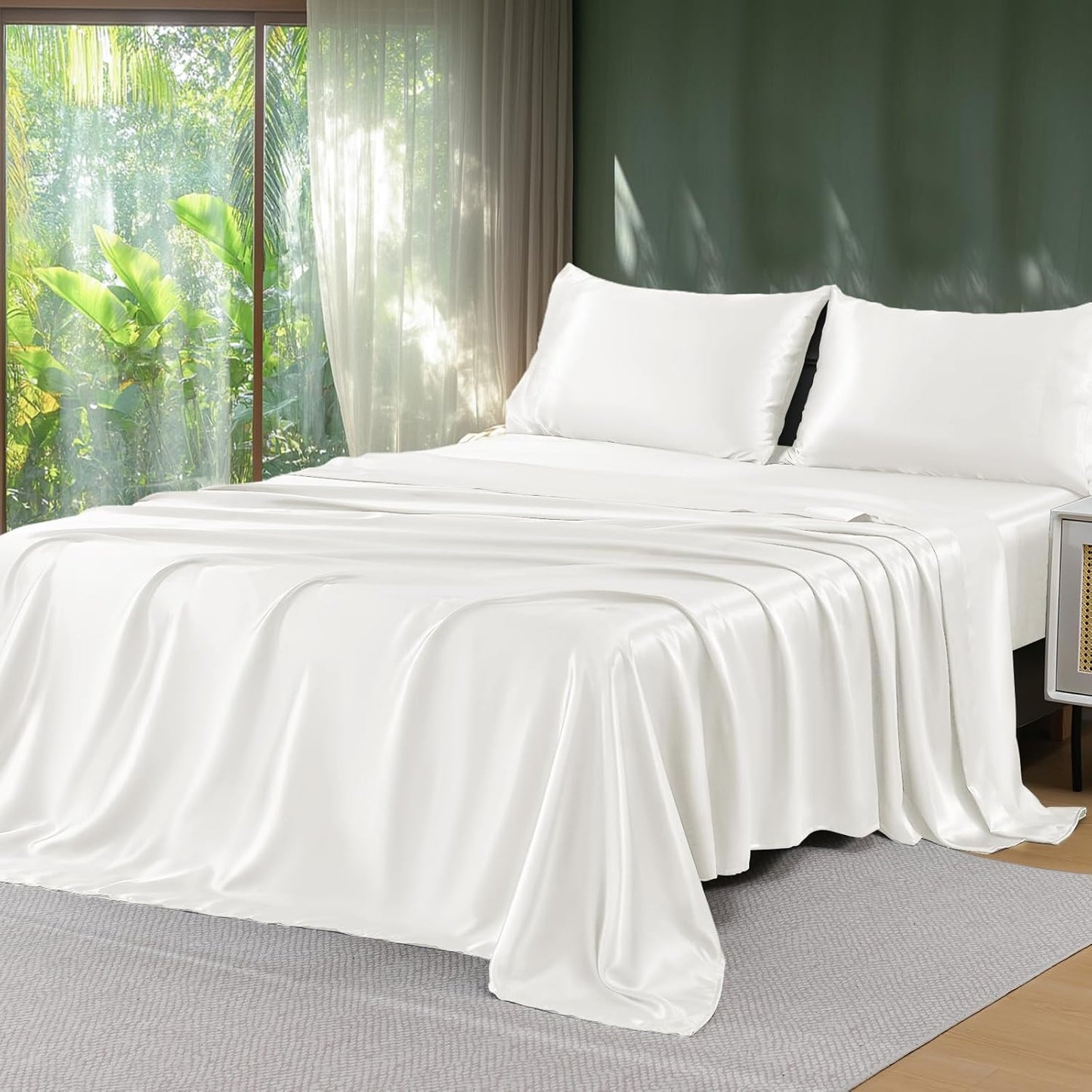 Sasttie Satin Sheets Queen Size - 4 Pieces Luxury Soft Dark Grey Silky Bed Sheets Set with Pillowcases - Smooth Silk-Like Satin Fabric, Reinforced 14 Inches Pocket, Oeko-Tex Certified