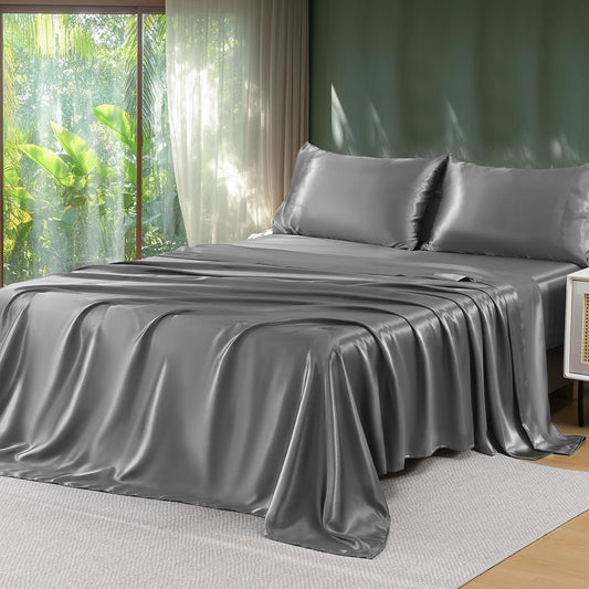 Sasttie Satin Sheets Queen Size - 4 Pieces Luxury Soft Dark Grey Silky Bed Sheets Set with Pillowcases - Smooth Silk-Like Satin Fabric, Reinforced 14 Inches Pocket, Oeko-Tex Certified