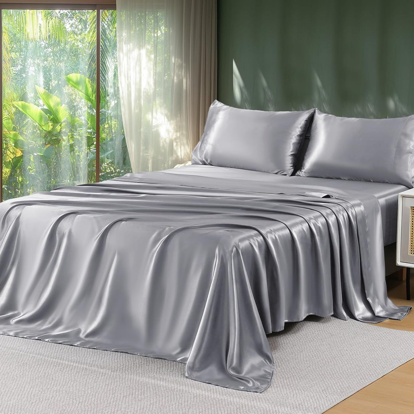 Sasttie Satin Sheets Queen Size - 4 Pieces Luxury Soft Dark Grey Silky Bed Sheets Set with Pillowcases - Smooth Silk-Like Satin Fabric, Reinforced 14 Inches Pocket, Oeko-Tex Certified