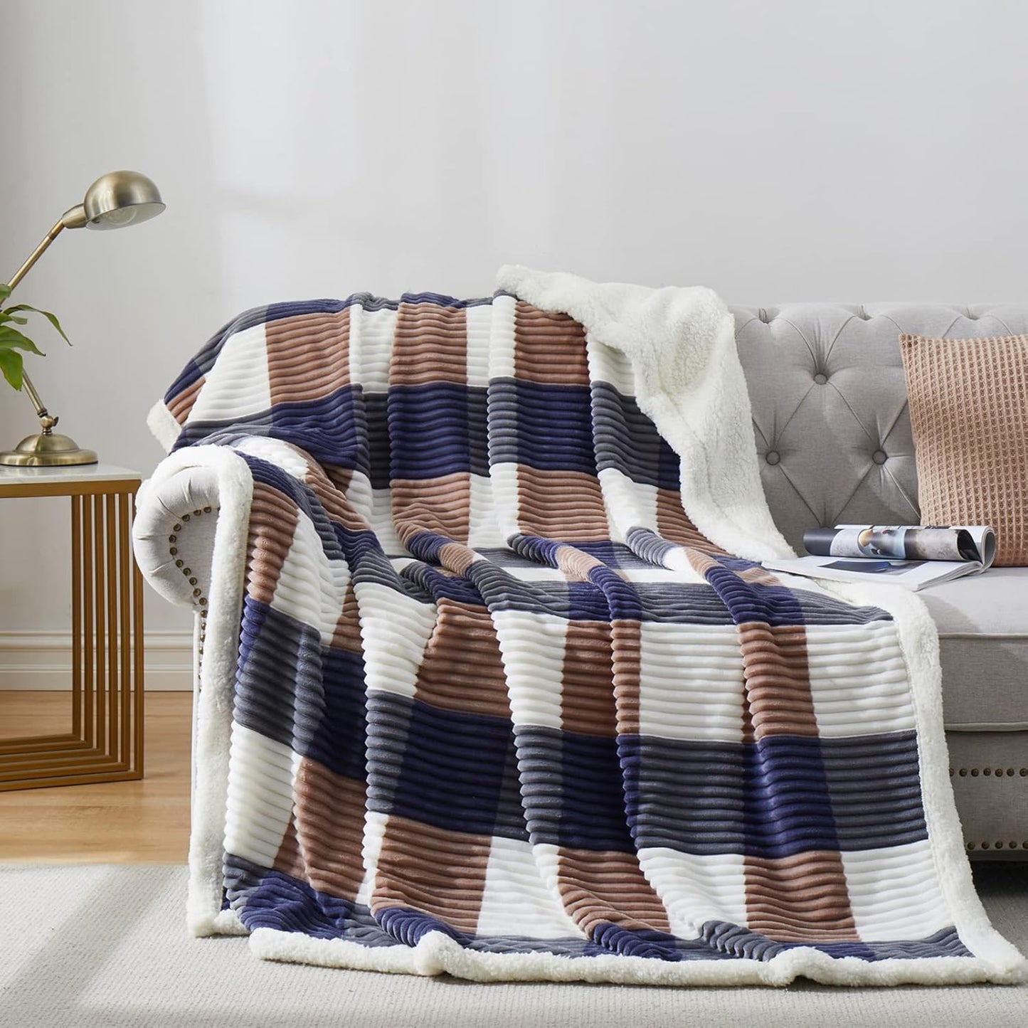 PU MEI Sherpa Fleece Throw Blanket 60" x 80" Reversible Plush Fluffy Large Big Blanket Lattice Flannel Blankets for Sofa Couch Bed (Grey-Soft Blue, 60"*80")