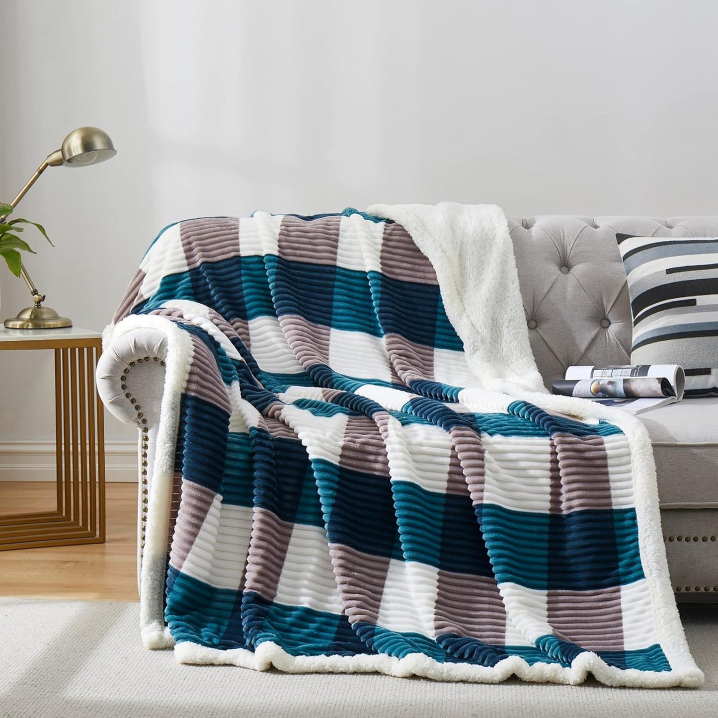 PU MEI Sherpa Fleece Throw Blanket 60" x 80" Reversible Plush Fluffy Large Big Blanket Lattice Flannel Blankets for Sofa Couch Bed (Grey-Soft Blue, 60"*80")