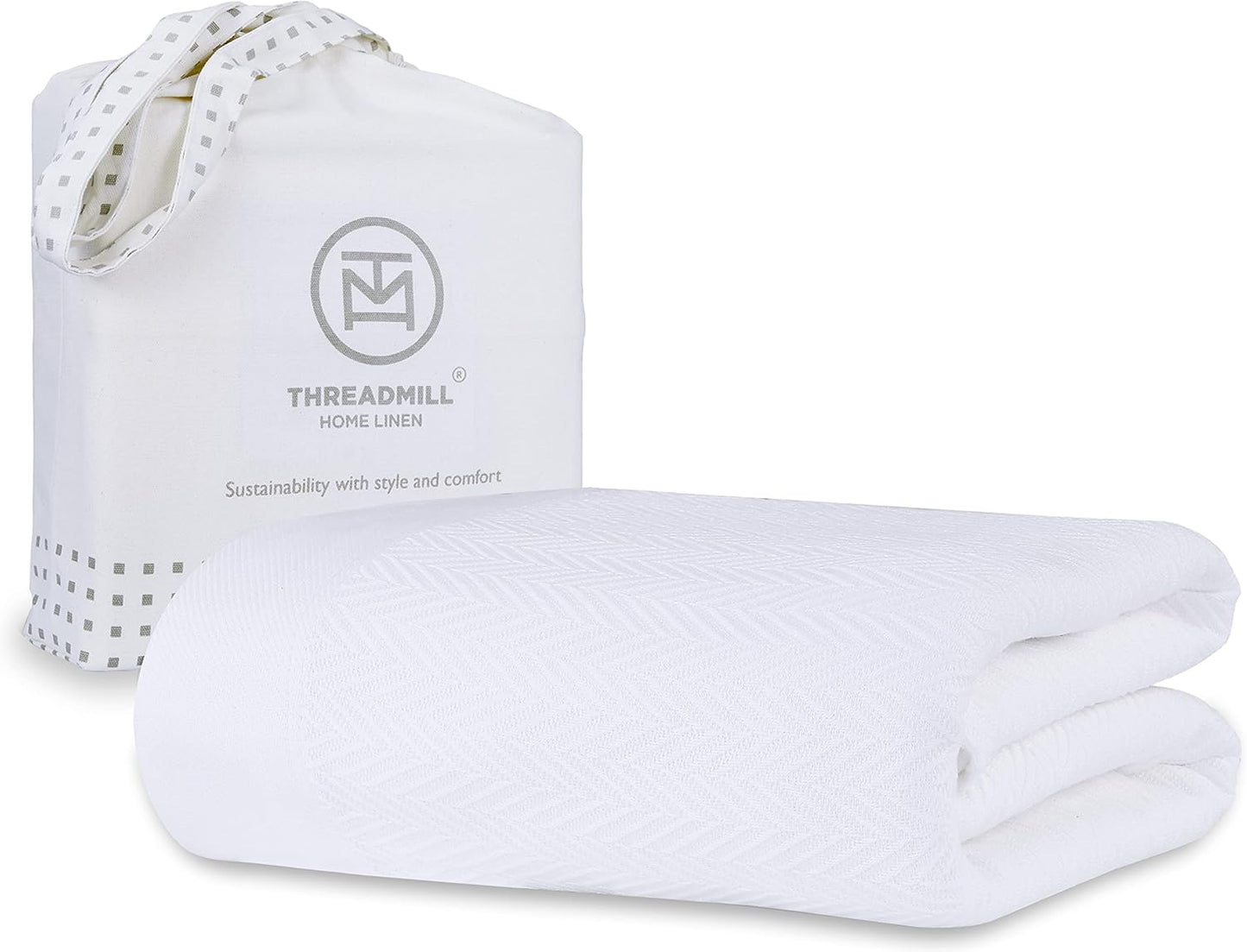 Threadmill Luxury Cotton Blankets Queen Size | All-Season 100% Cotton Blanket for Queen/Full Size Bed | Herringbone Soft Breathable | Sage Green