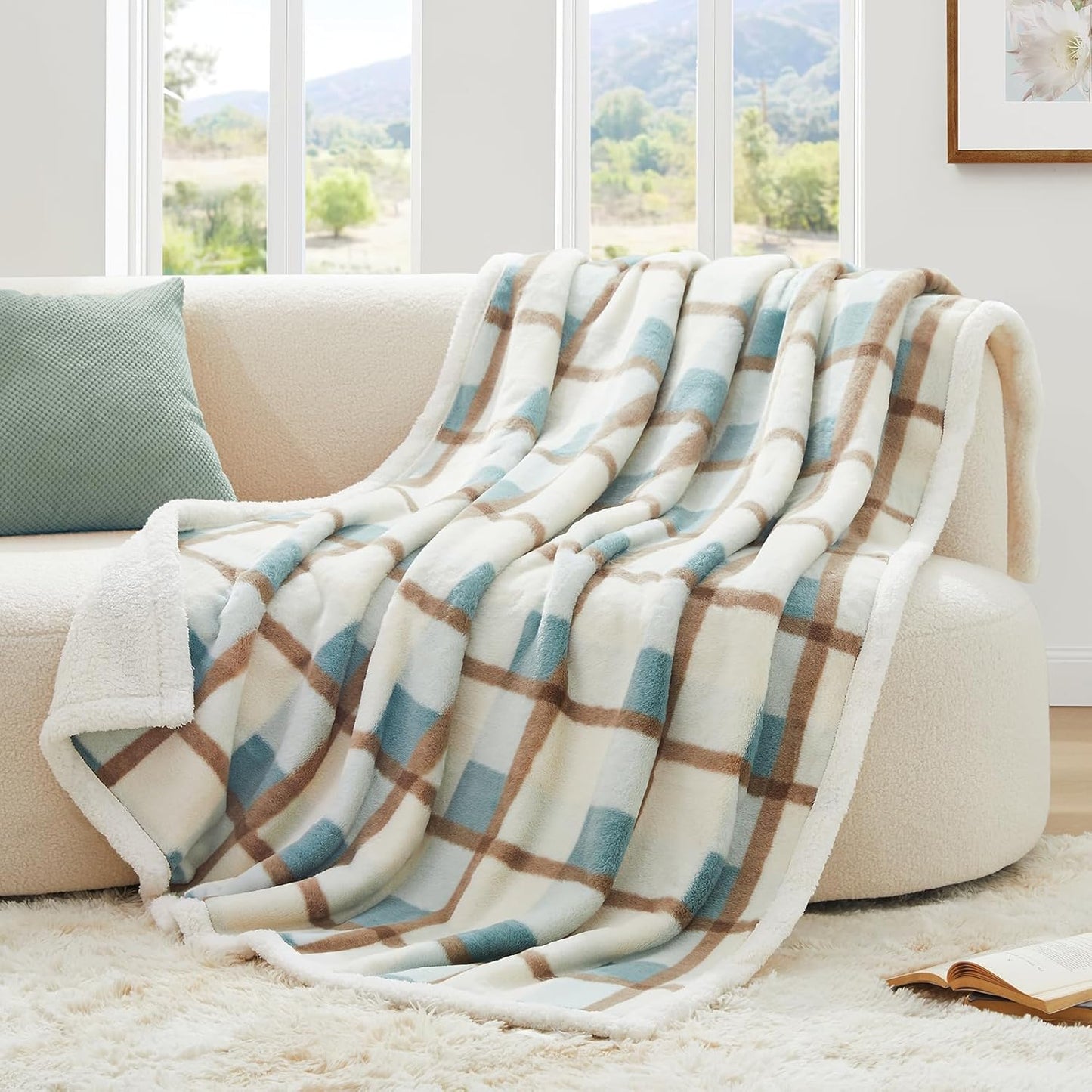 PU MEI Sherpa Fleece Throw Blanket 60" x 80" Reversible Plush Fluffy Large Big Blanket Lattice Flannel Blankets for Sofa Couch Bed (Grey-Soft Blue, 60"*80")