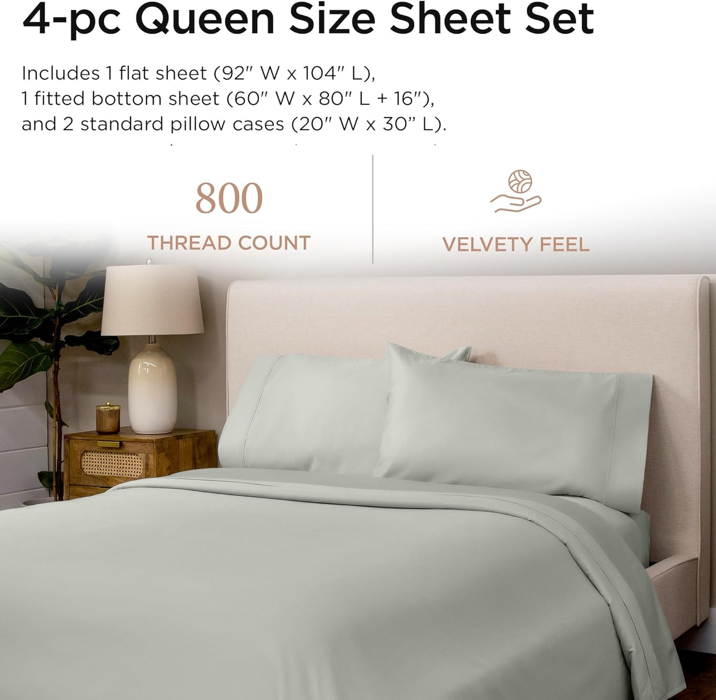 Threadmill Luxury 800 Thread Count Queen 100% Cotton Sheets - Light Grey Sateen Weave Bed-Sheets, Better Than Egyptian Cotton,4 Pc Solid Soft Bed Set, Fits 16" Deep Pocket