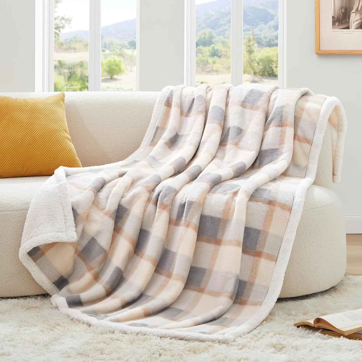 PU MEI Sherpa Fleece Throw Blanket 60" x 80" Reversible Plush Fluffy Large Big Blanket Lattice Flannel Blankets for Sofa Couch Bed (Grey-Soft Blue, 60"*80")