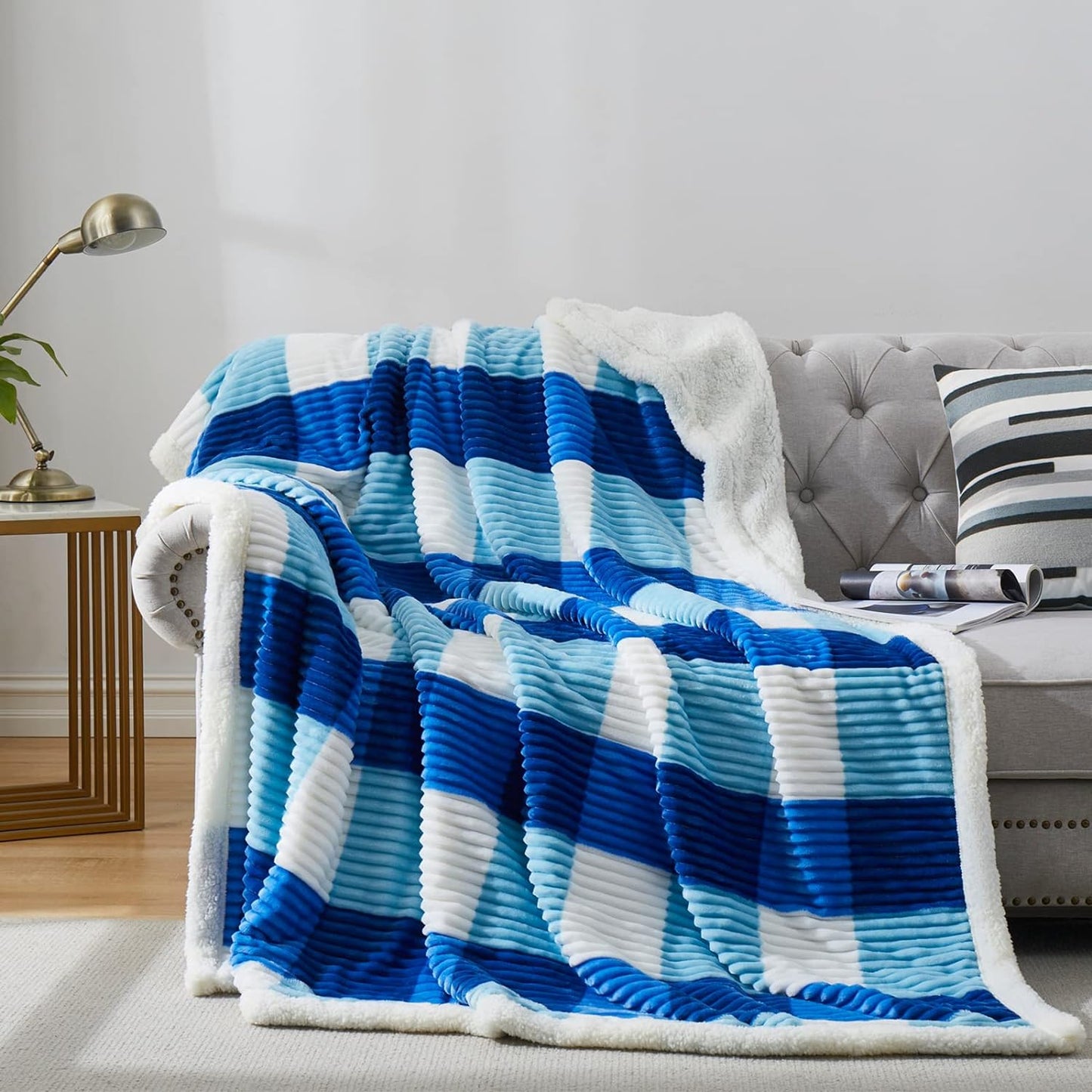 PU MEI Sherpa Fleece Throw Blanket 60" x 80" Reversible Plush Fluffy Large Big Blanket Lattice Flannel Blankets for Sofa Couch Bed (Grey-Soft Blue, 60"*80")