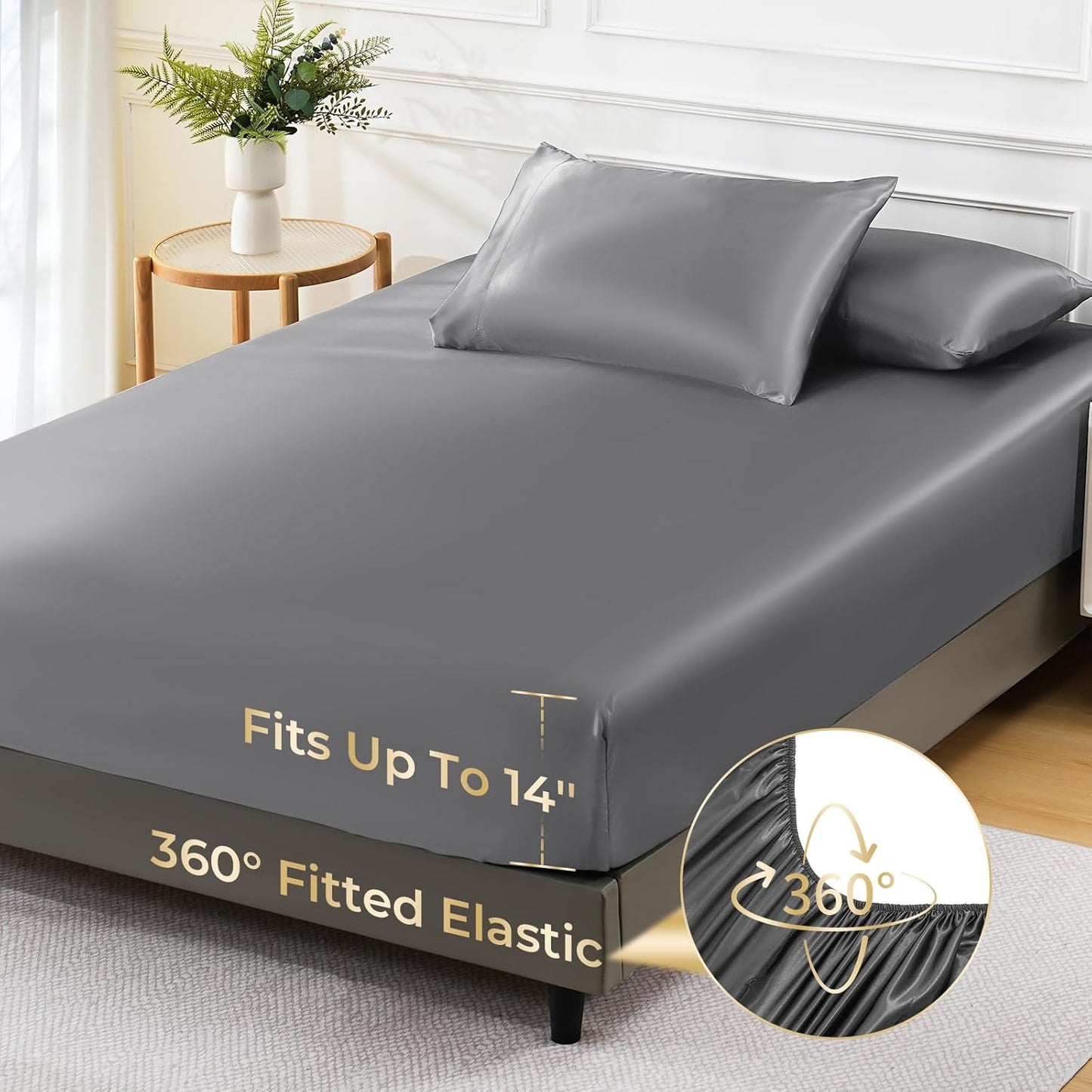Sasttie Satin Sheets Queen Size - 4 Pieces Luxury Soft Dark Grey Silky Bed Sheets Set with Pillowcases - Smooth Silk-Like Satin Fabric, Reinforced 14 Inches Pocket, Oeko-Tex Certified