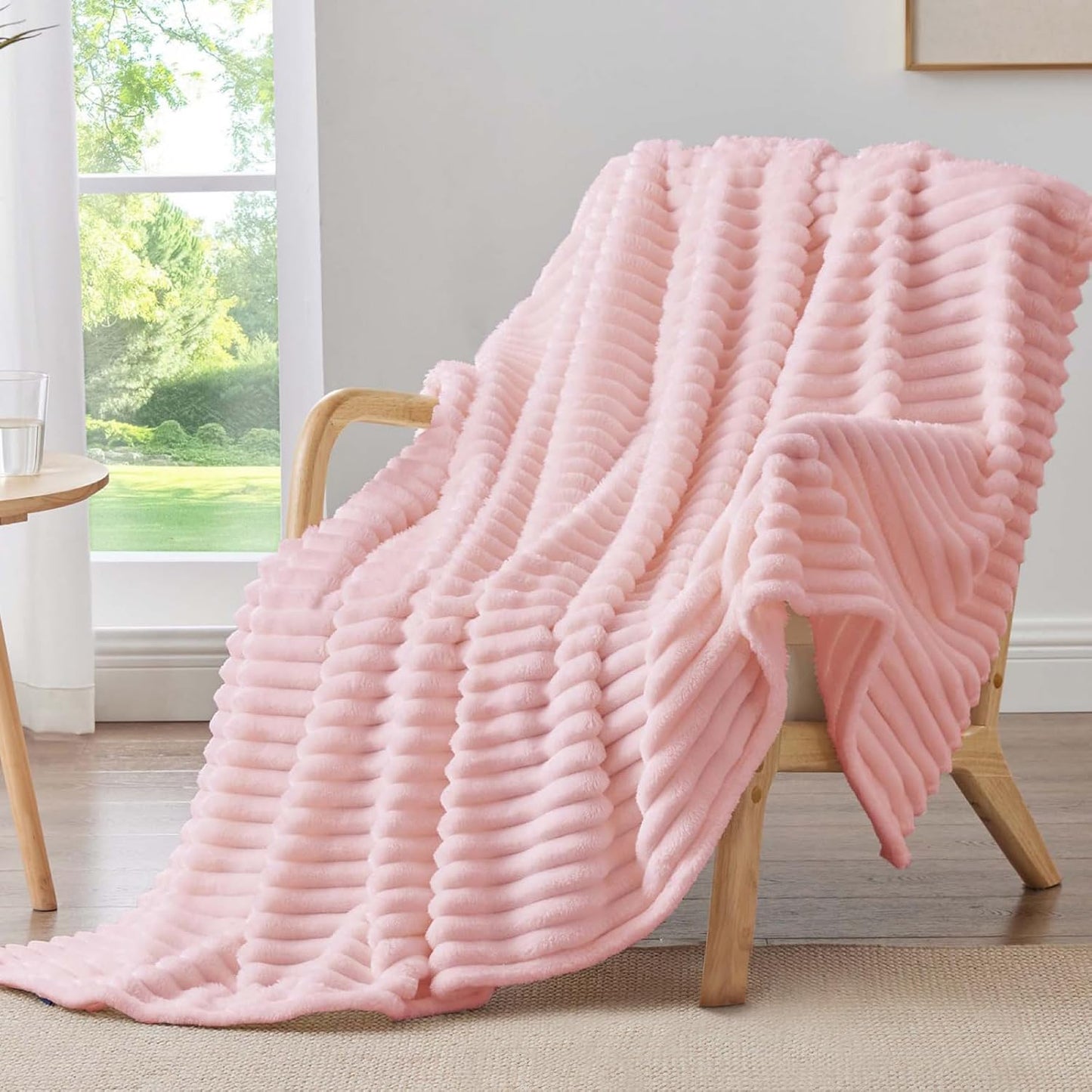 BEDELITE Fleece Throw Blanket for Couch - 300GSM Soft & Warm Fluffy Cream White Blanket, Decorative and Giftable Striped Blankets for Women, Men, 50"x60"