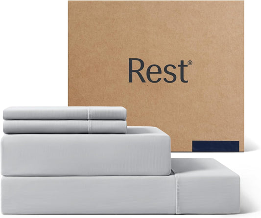 REST® Evercool®+ Cooling Sheet Set, Queen Size, Light Gray, Breathable Bed Sheets for Hot Sleeper and Night Sweats, with Pillowcases, with Ionic+ Self-Cleaning Silver Yarn for Sensitive Skin, 4PCS