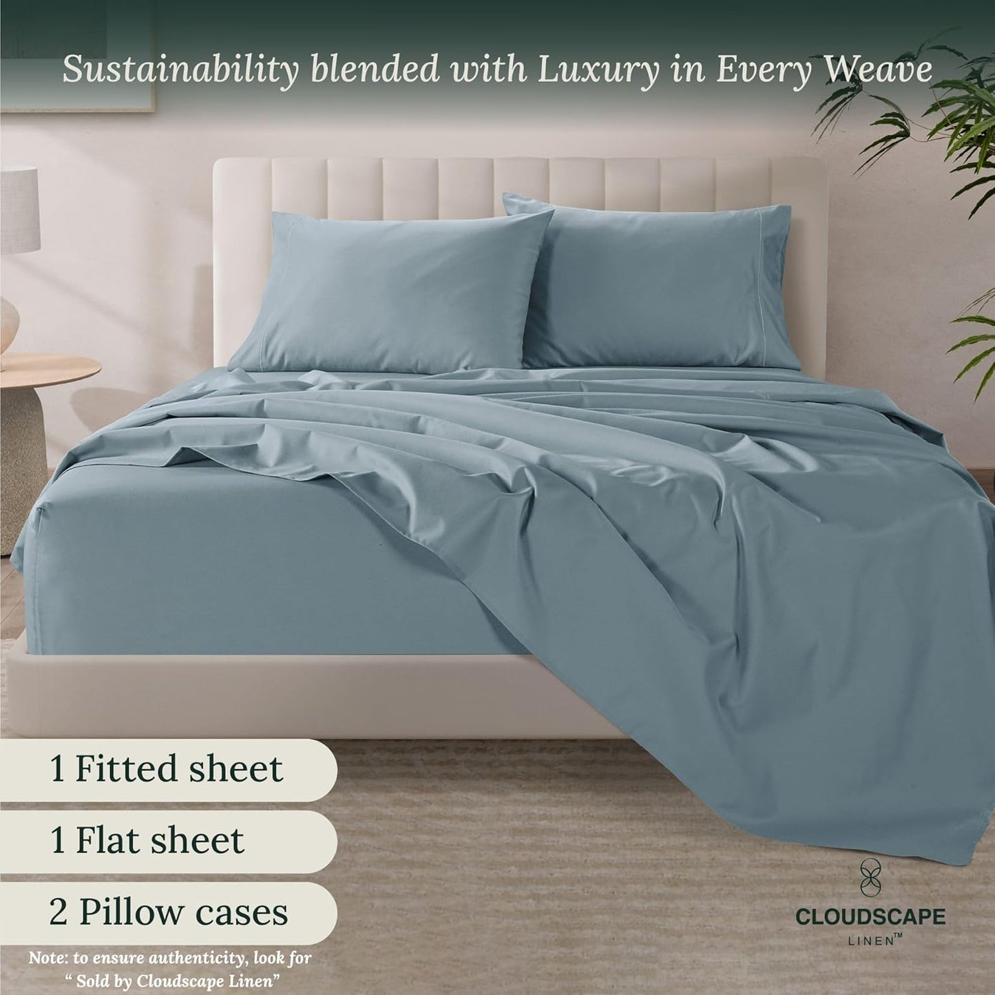 Cloud Scape Linen 100% Egyptian Cotton Sheets for Queen Size Bed, 4 Pieces Bedding Set, 1000 Thread Count, Hotel Quality, Silky Soft, Deep Pockets up to 17”, French Blue