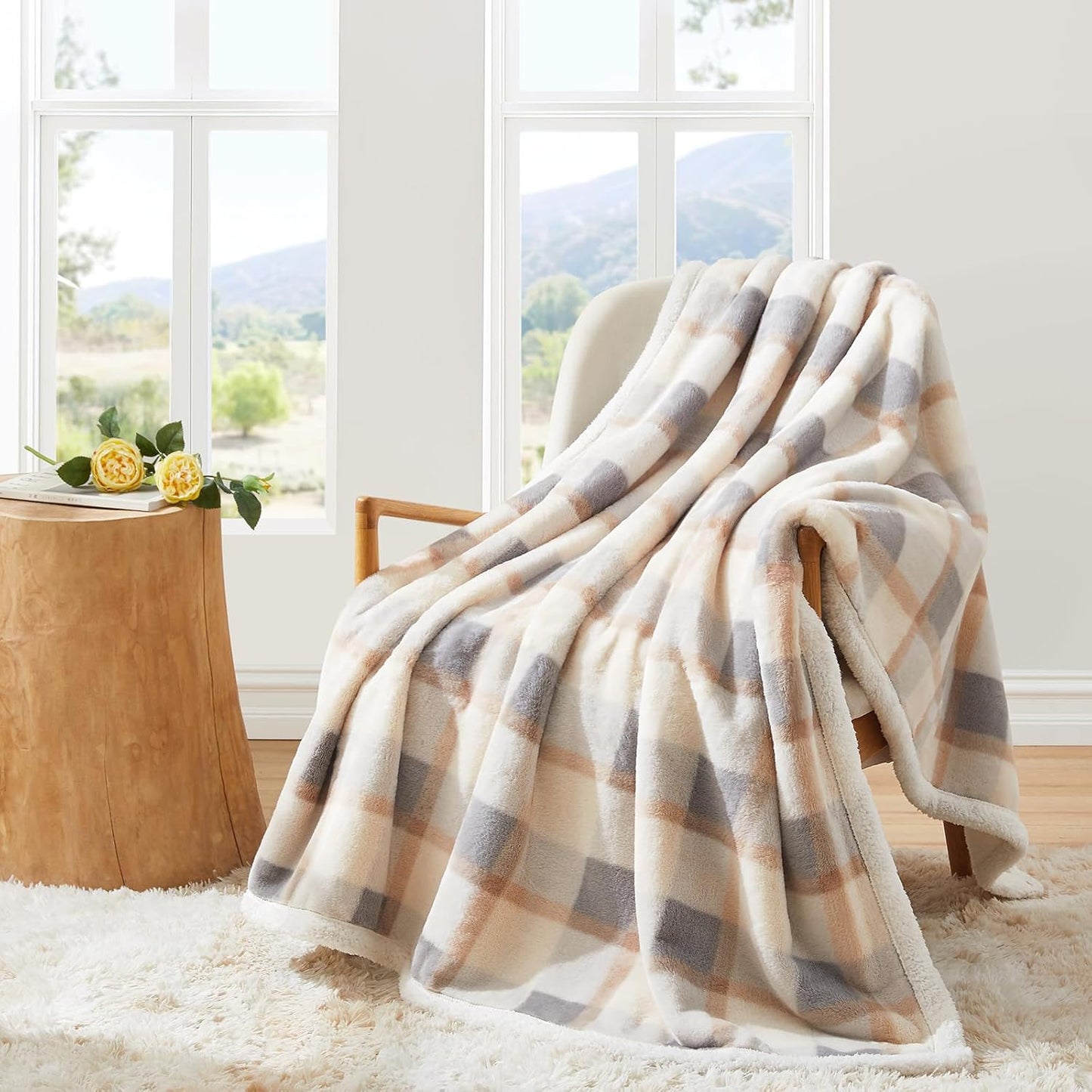 PU MEI Sherpa Fleece Throw Blanket 60" x 80" Reversible Plush Fluffy Large Big Blanket Lattice Flannel Blankets for Sofa Couch Bed (Grey-Soft Blue, 60"*80")
