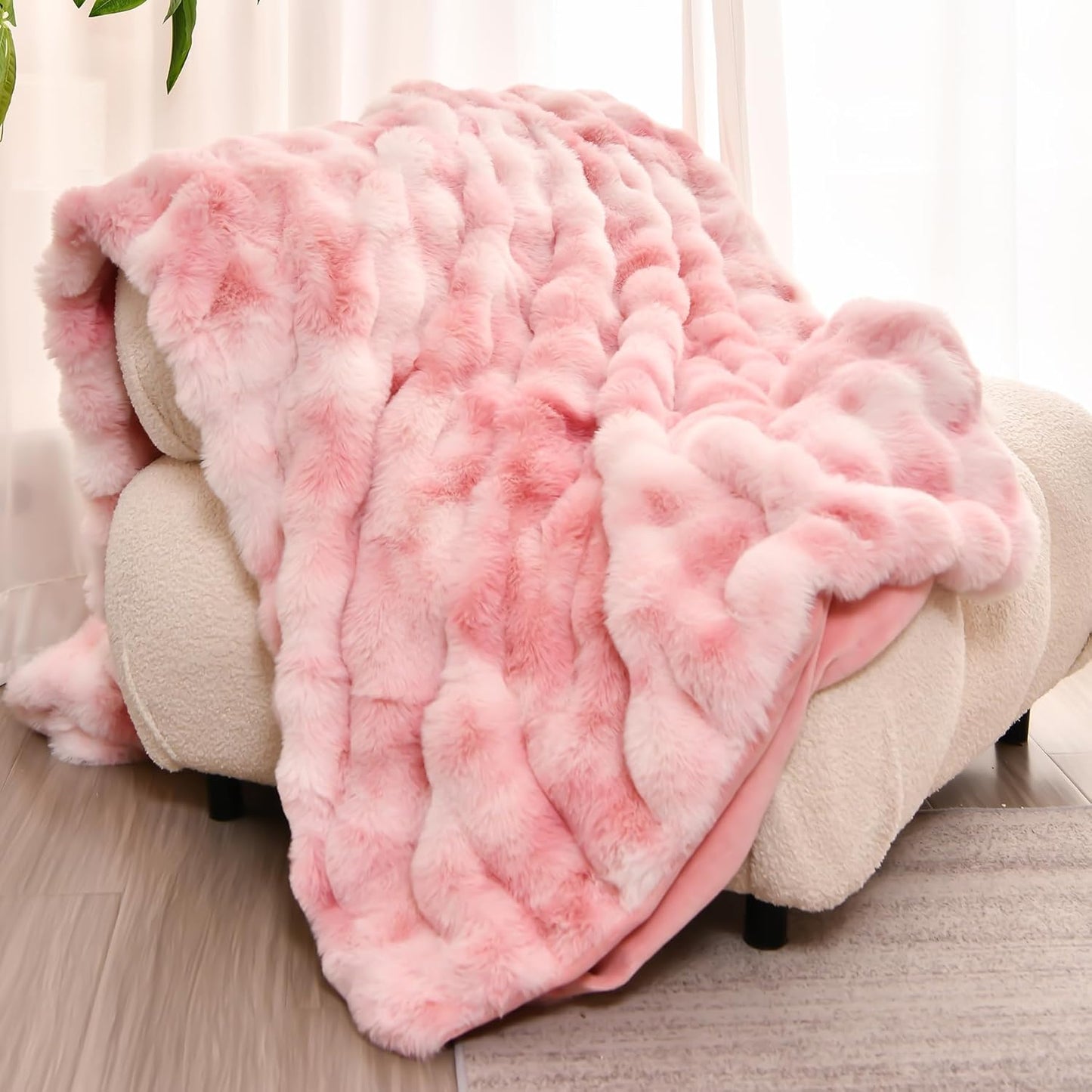 H&D Faux Fur Throw Blanket for Couch,Fluffy Cozy Soft Plush Luxury Thick Fuzzy Fleece Blanket for Couch Bed Sofa Bedroom Living Room,Comfy Bubble Blanket (Ivory, Throw (50" x 60"))