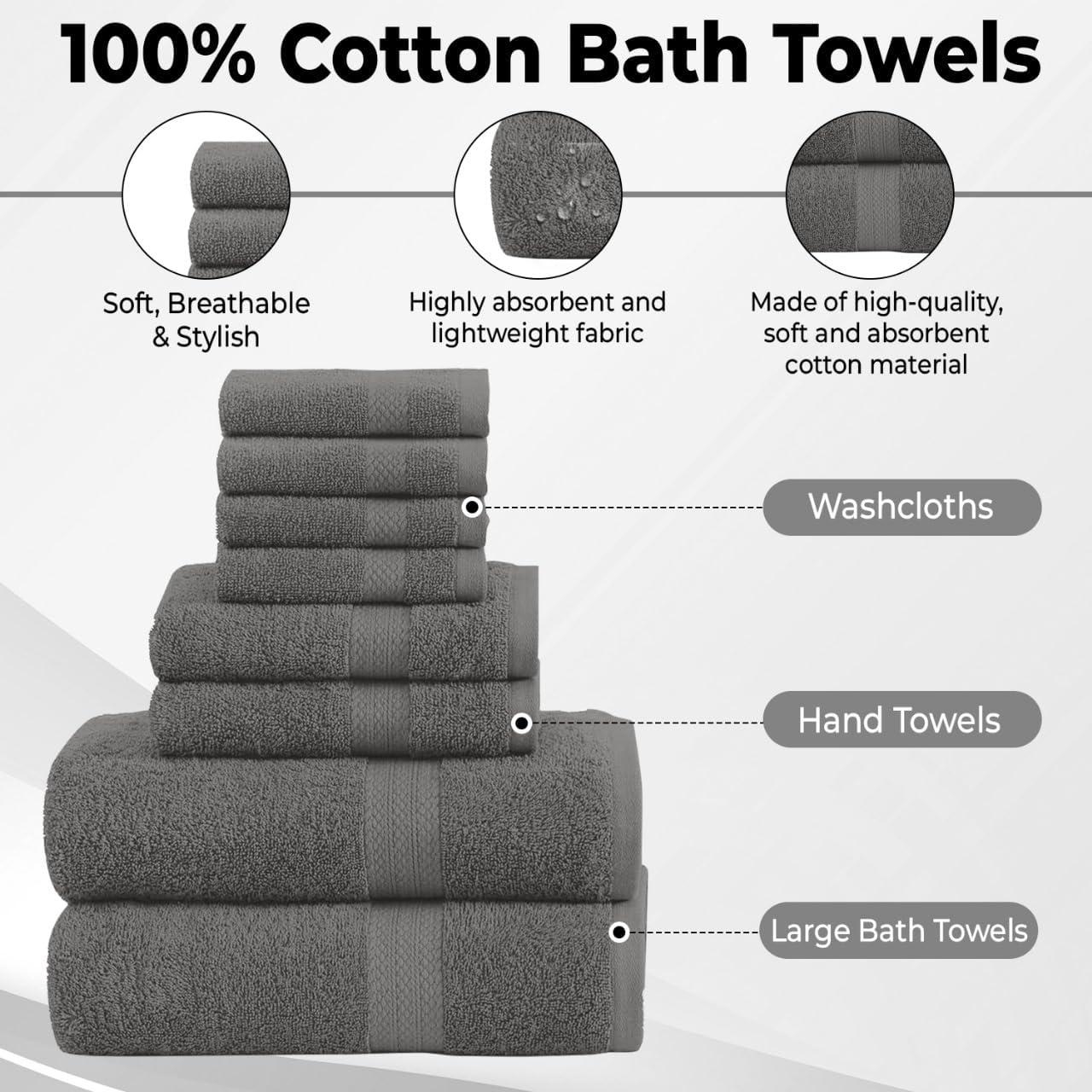 Pack of 8 Towels Set, 2 Large Bath Towels, 2 Hand Towels, 4 Wash Cloths, 100% Cotton, Lighter Weight, Quicker to Dry, Super Absorbent, Perfect for Bathroom (Grey)