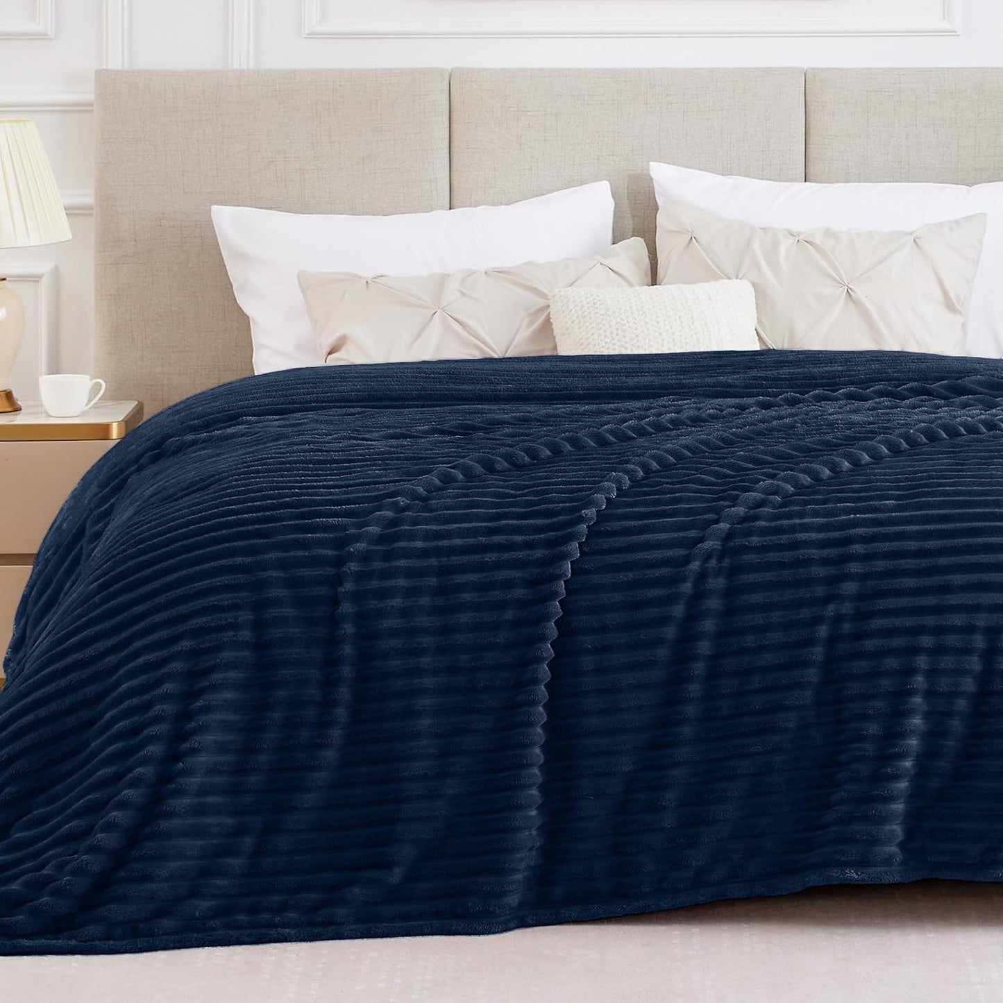 BEDELITE Fleece Throw Blanket for Couch - 300GSM Soft & Warm Fluffy Cream White Blanket, Decorative and Giftable Striped Blankets for Women, Men, 50"x60"