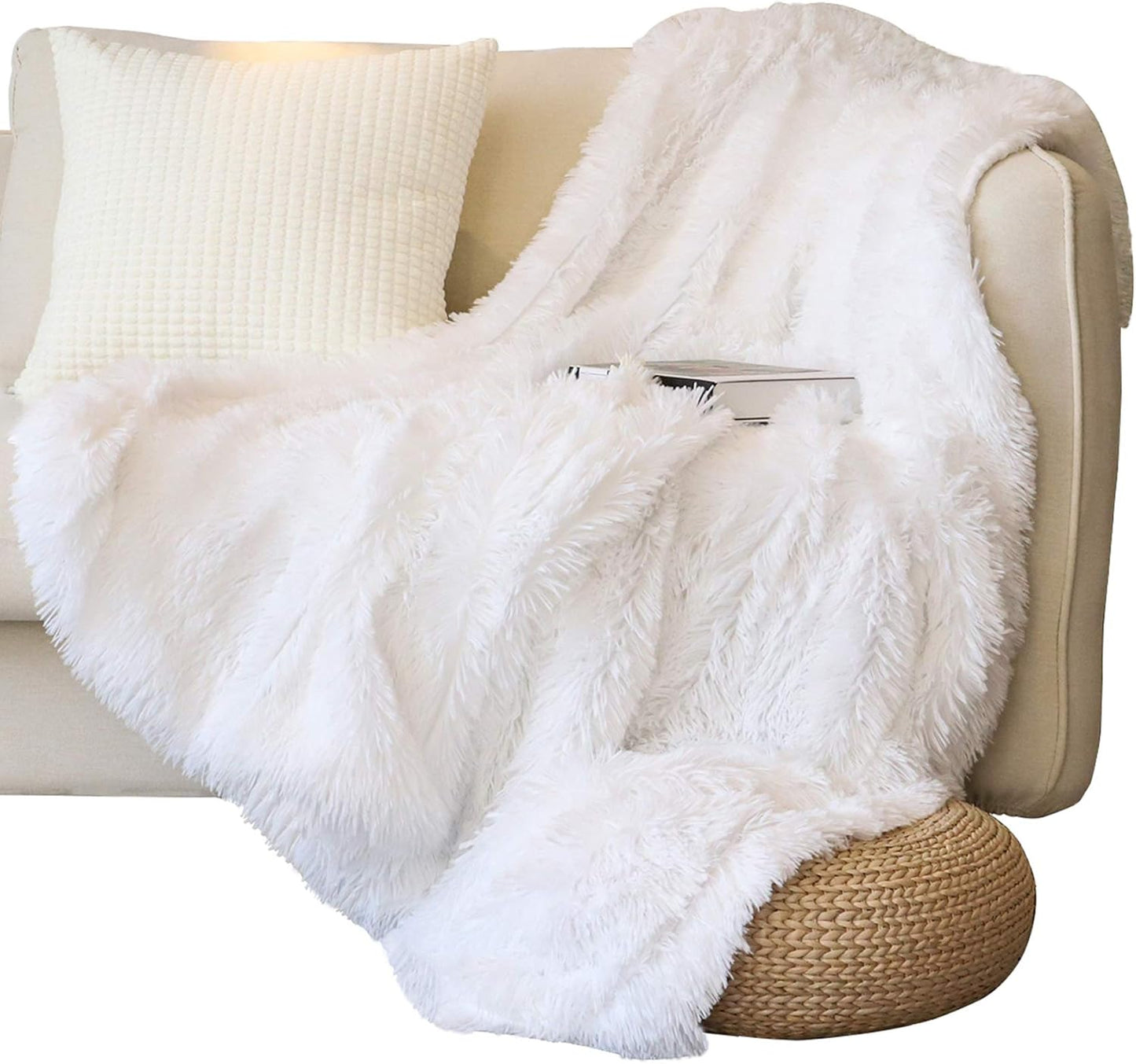 Tuddrom Decorative Extra Soft Fuzzy Faux Fur Throw Blanket 50" x 60",Solid Reversible Long Hair Shaggy Blanket,Fluffy Cozy Plush Comfy Microfiber Fleece Blankets for Couch Sofa Bedroom,Cream White