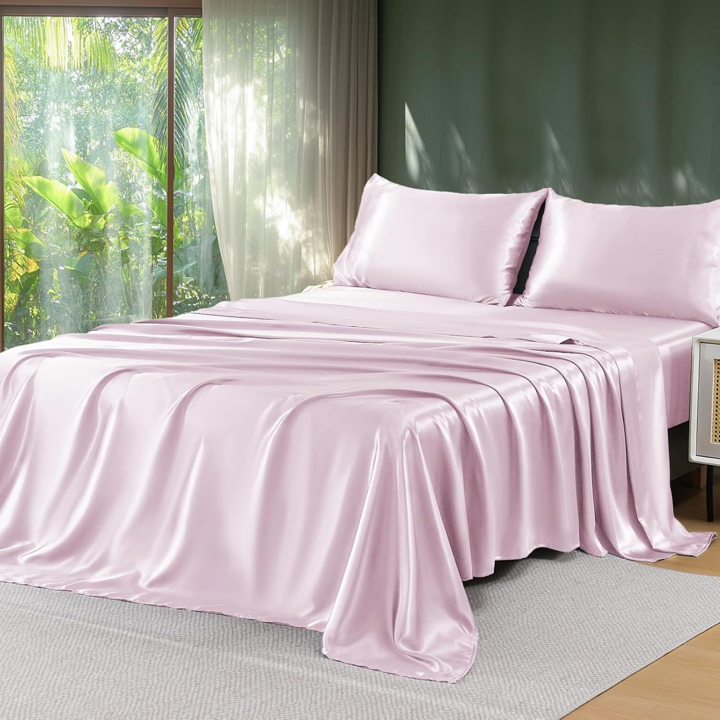 Sasttie Satin Sheets Queen Size - 4 Pieces Luxury Soft Dark Grey Silky Bed Sheets Set with Pillowcases - Smooth Silk-Like Satin Fabric, Reinforced 14 Inches Pocket, Oeko-Tex Certified