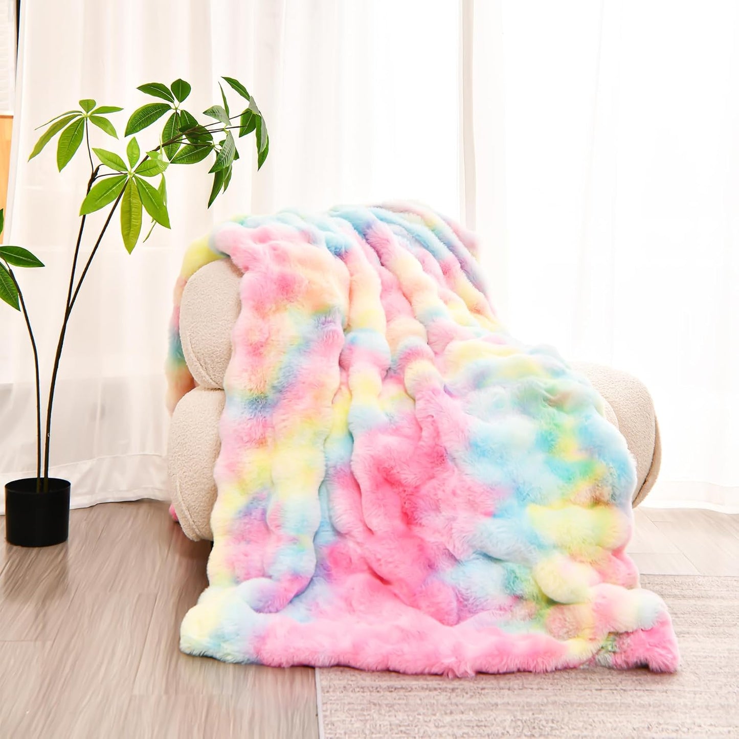 H&D Faux Fur Throw Blanket for Couch,Fluffy Cozy Soft Plush Luxury Thick Fuzzy Fleece Blanket for Couch Bed Sofa Bedroom Living Room,Comfy Bubble Blanket (Ivory, Throw (50" x 60"))