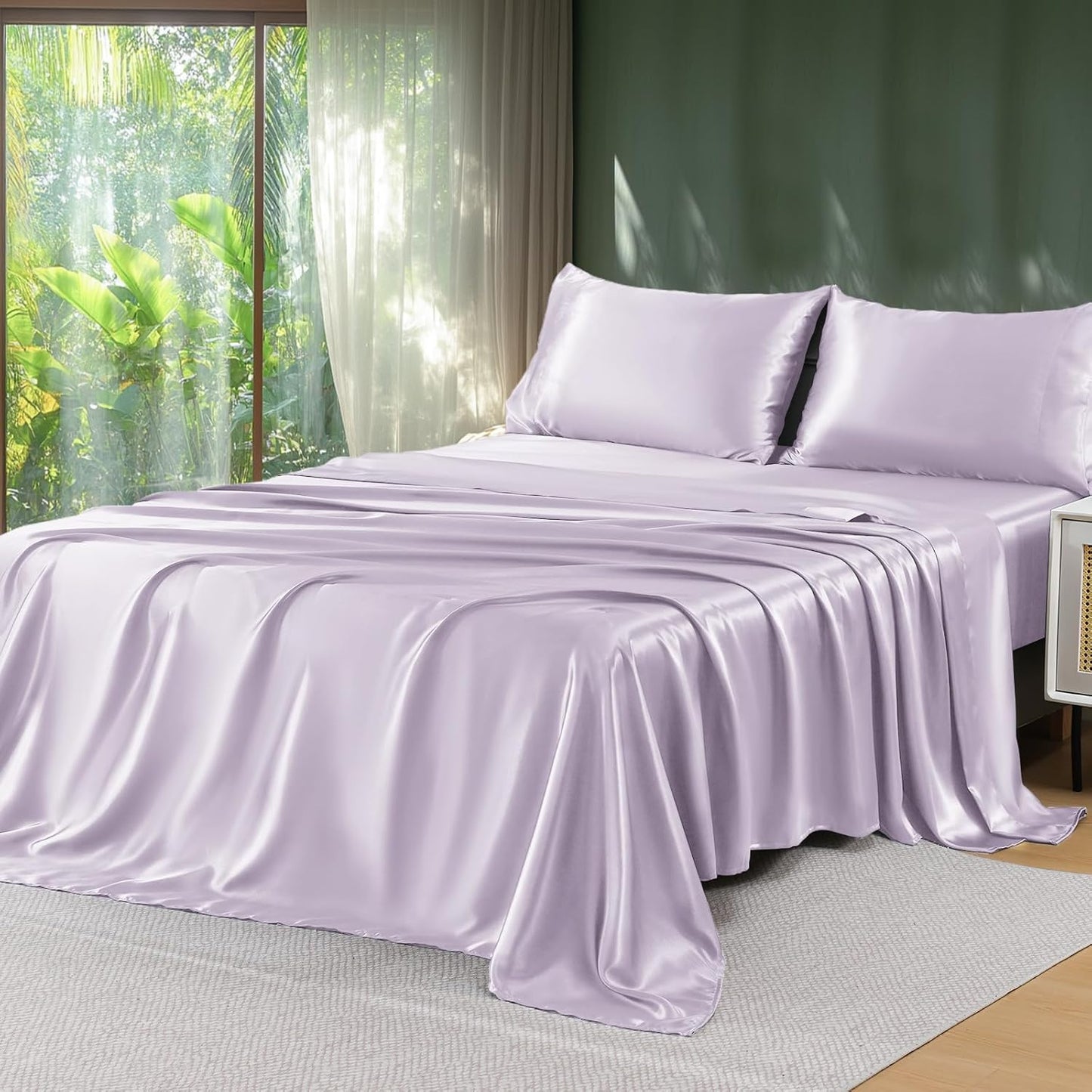 Sasttie Satin Sheets Queen Size - 4 Pieces Luxury Soft Dark Grey Silky Bed Sheets Set with Pillowcases - Smooth Silk-Like Satin Fabric, Reinforced 14 Inches Pocket, Oeko-Tex Certified