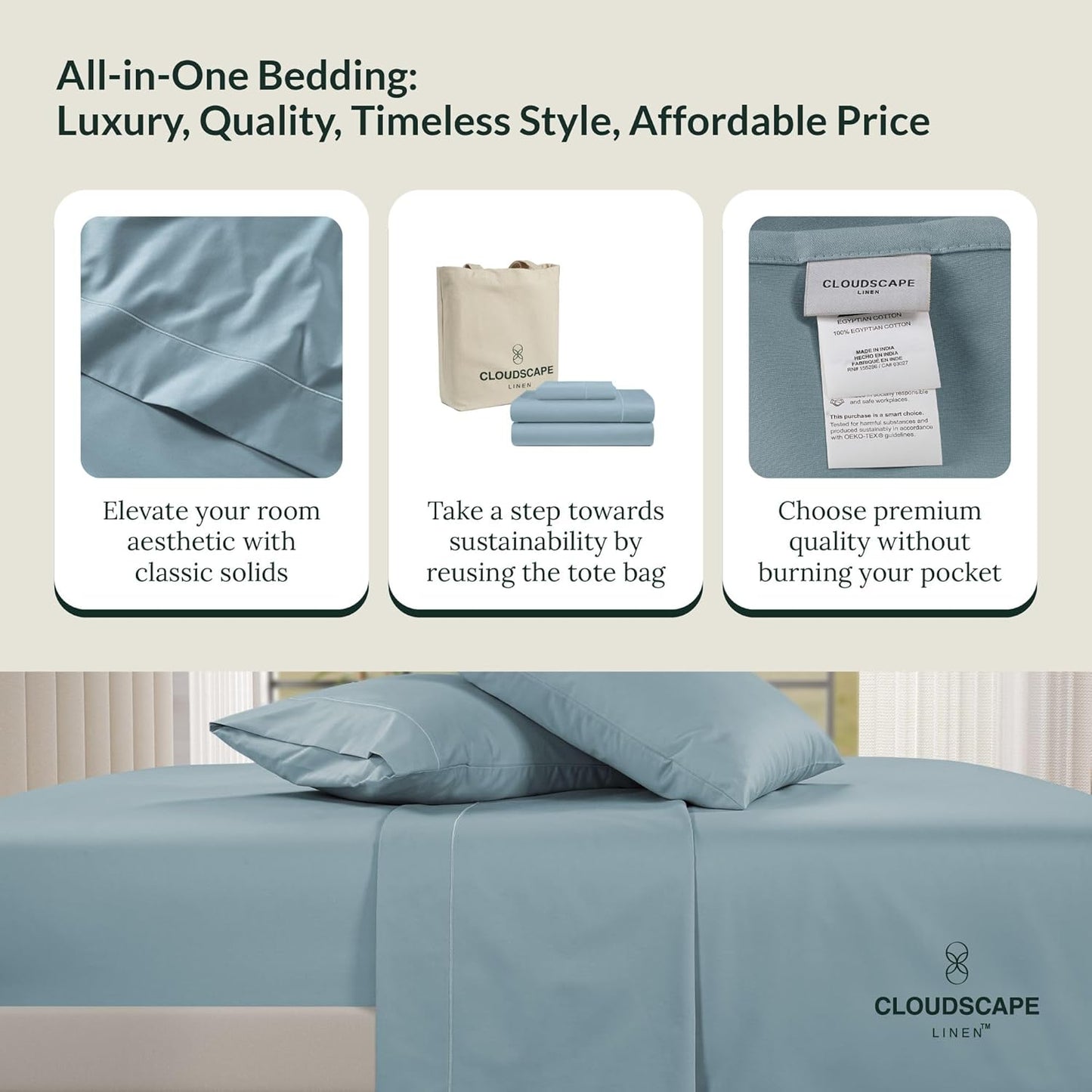 Cloud Scape Linen 100% Egyptian Cotton Sheets for Queen Size Bed, 4 Pieces Bedding Set, 1000 Thread Count, Hotel Quality, Silky Soft, Deep Pockets up to 17”, French Blue