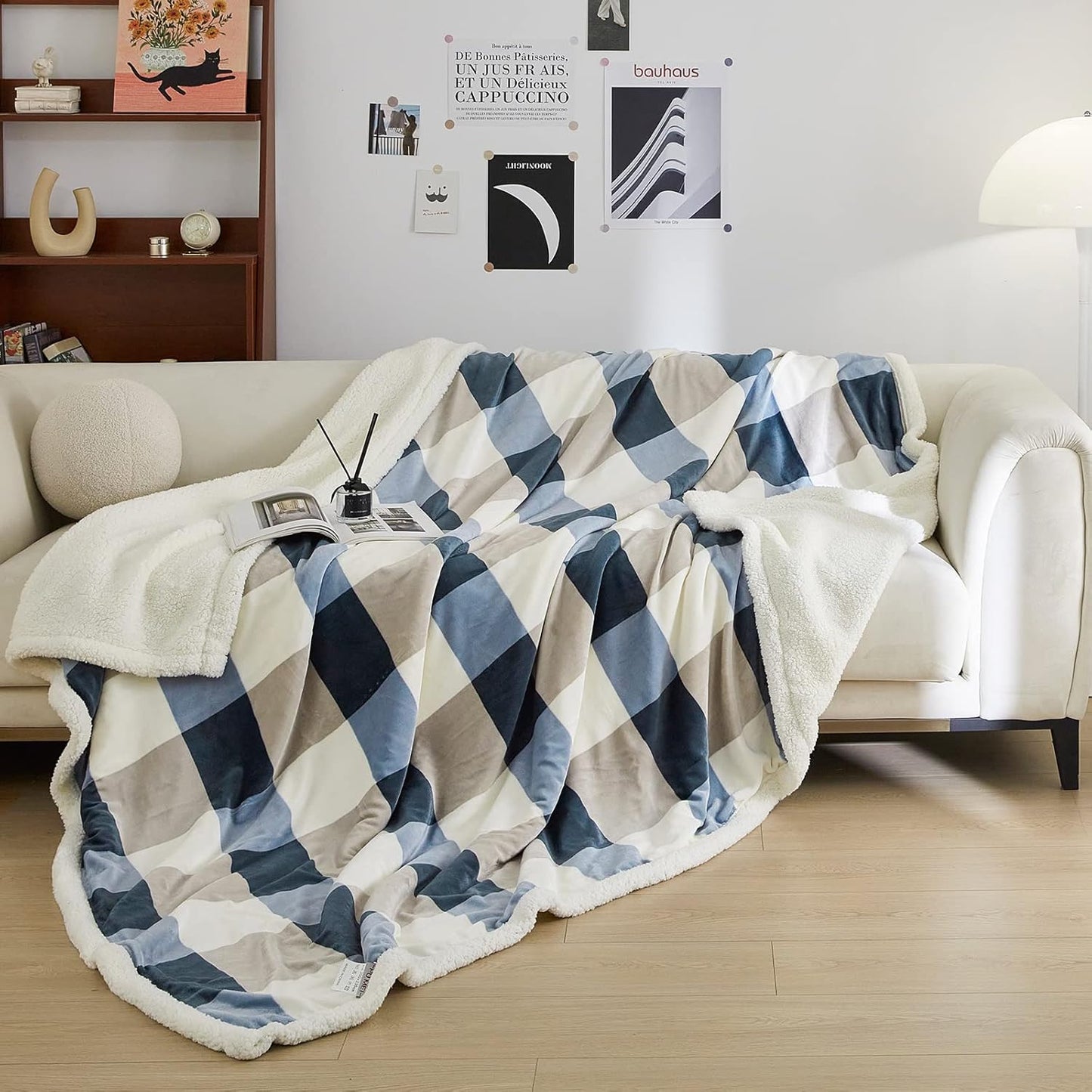 PU MEI Sherpa Fleece Throw Blanket 60" x 80" Reversible Plush Fluffy Large Big Blanket Lattice Flannel Blankets for Sofa Couch Bed (Grey-Soft Blue, 60"*80")