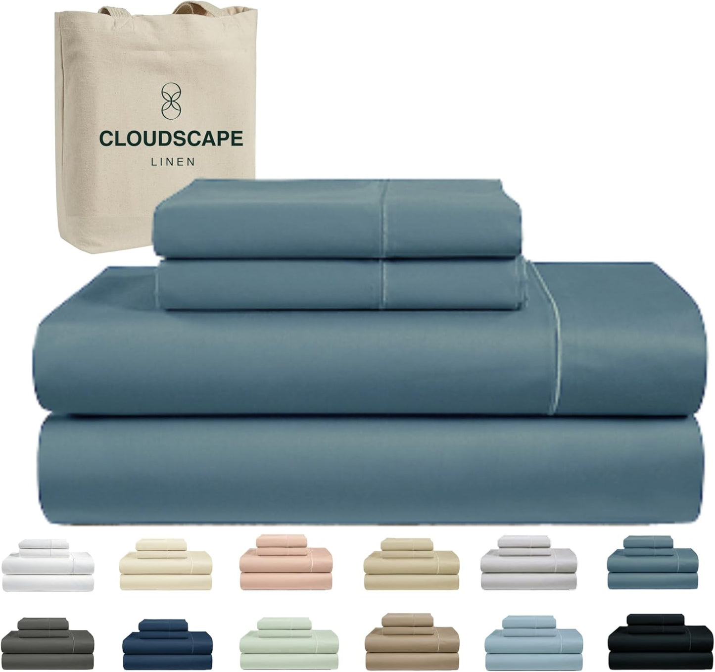 Cloud Scape Linen 100% Egyptian Cotton Sheets for Queen Size Bed, 4 Pieces Bedding Set, 1000 Thread Count, Hotel Quality, Silky Soft, Deep Pockets up to 17”, French Blue