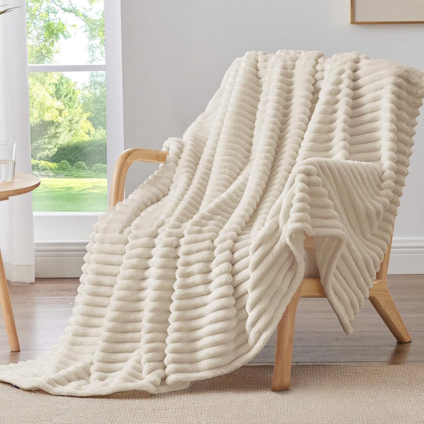 BEDELITE Fleece Throw Blanket for Couch - 300GSM Soft & Warm Fluffy Cream White Blanket, Decorative and Giftable Striped Blankets for Women, Men, 50"x60"