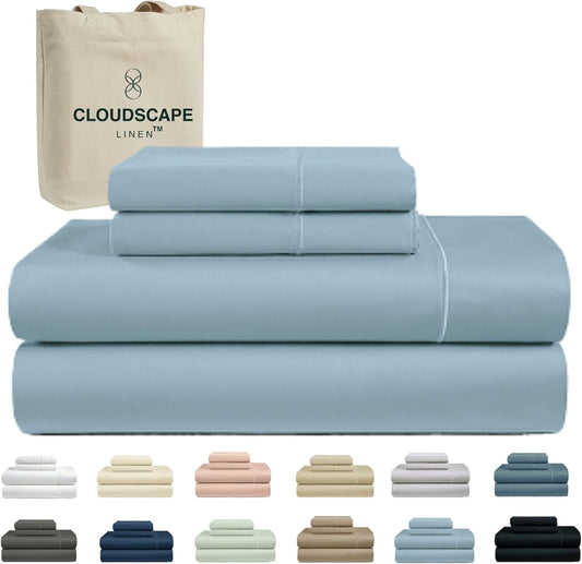 Cloud Scape Linen 100% Egyptian Cotton Sheets for Queen Size Bed, 4 Pieces Bedding Set, 1000 Thread Count, Hotel Quality, Silky Soft, Deep Pockets up to 17”, French Blue