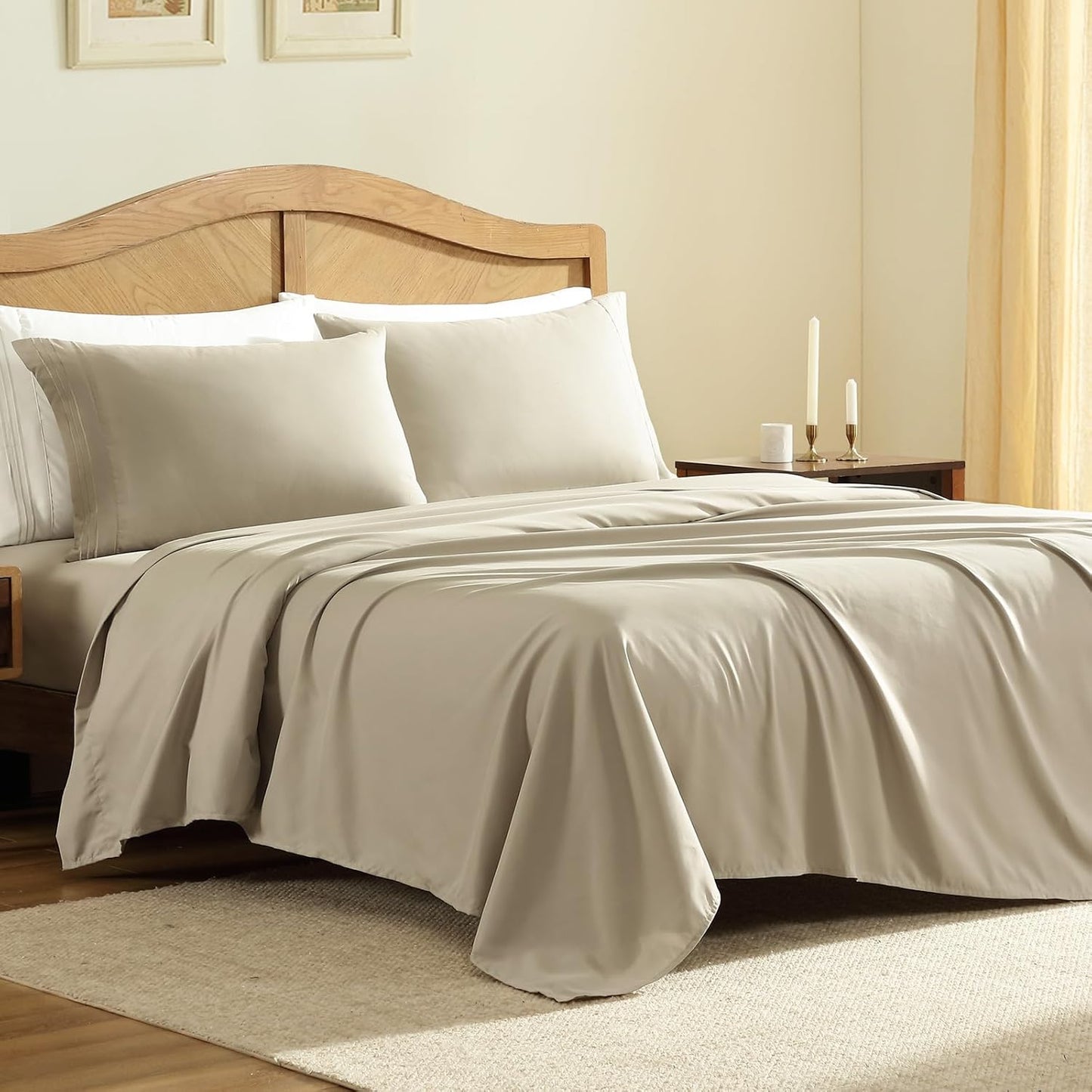 ClevaHome Sheet Set Queen Size, 4-Piece Bedding, Lightweight & Super Soft Easy Care Microfiber– Shrinkage & Fade Resistant Bedding Set with 14'' Deep Pockets (Sandy Beige)