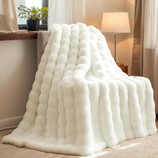 H&D Faux Fur Throw Blanket for Couch,Fluffy Cozy Soft Plush Luxury Thick Fuzzy Fleece Blanket for Couch Bed Sofa Bedroom Living Room,Comfy Bubble Blanket (Ivory, Throw (50" x 60"))