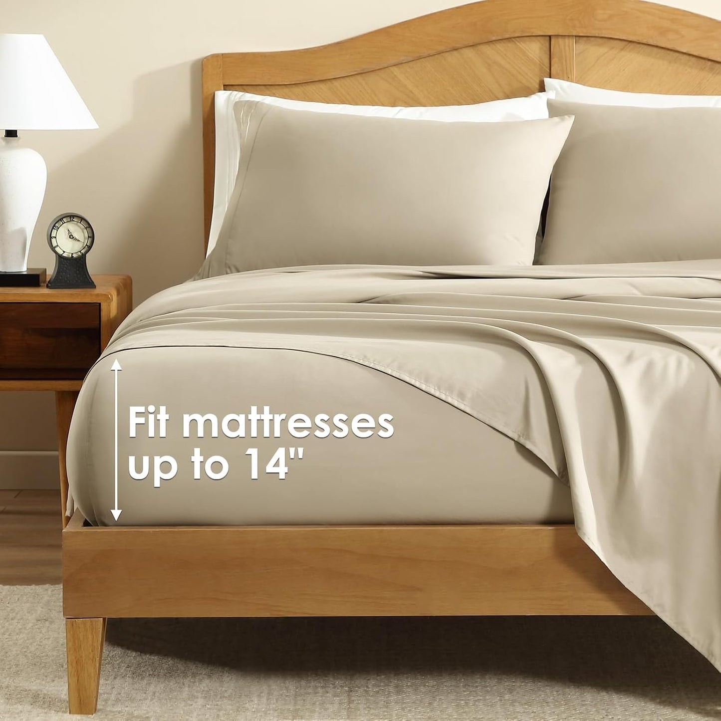 ClevaHome Sheet Set Queen Size, 4-Piece Bedding, Lightweight & Super Soft Easy Care Microfiber– Shrinkage & Fade Resistant Bedding Set with 14'' Deep Pockets (Sandy Beige)