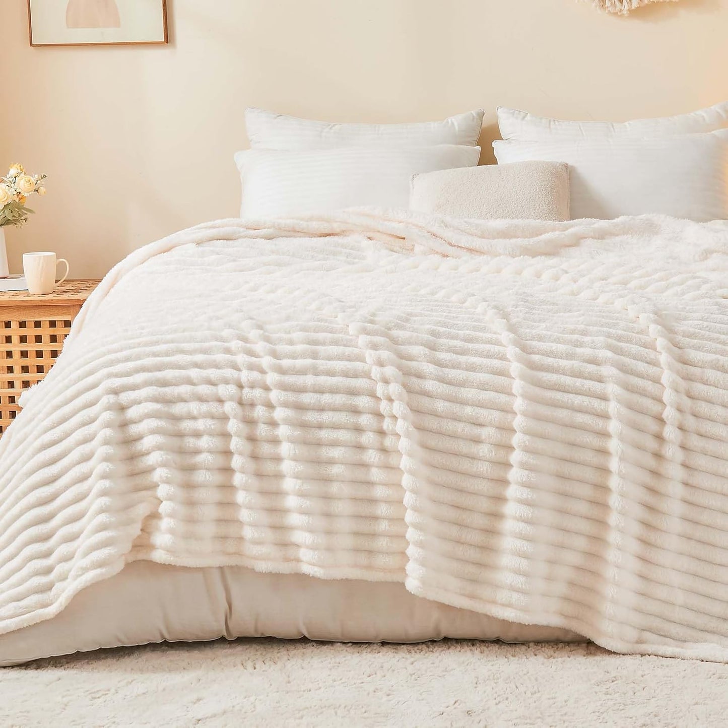 BEDELITE Fleece Throw Blanket for Couch - 300GSM Soft & Warm Fluffy Cream White Blanket, Decorative and Giftable Striped Blankets for Women, Men, 50"x60"