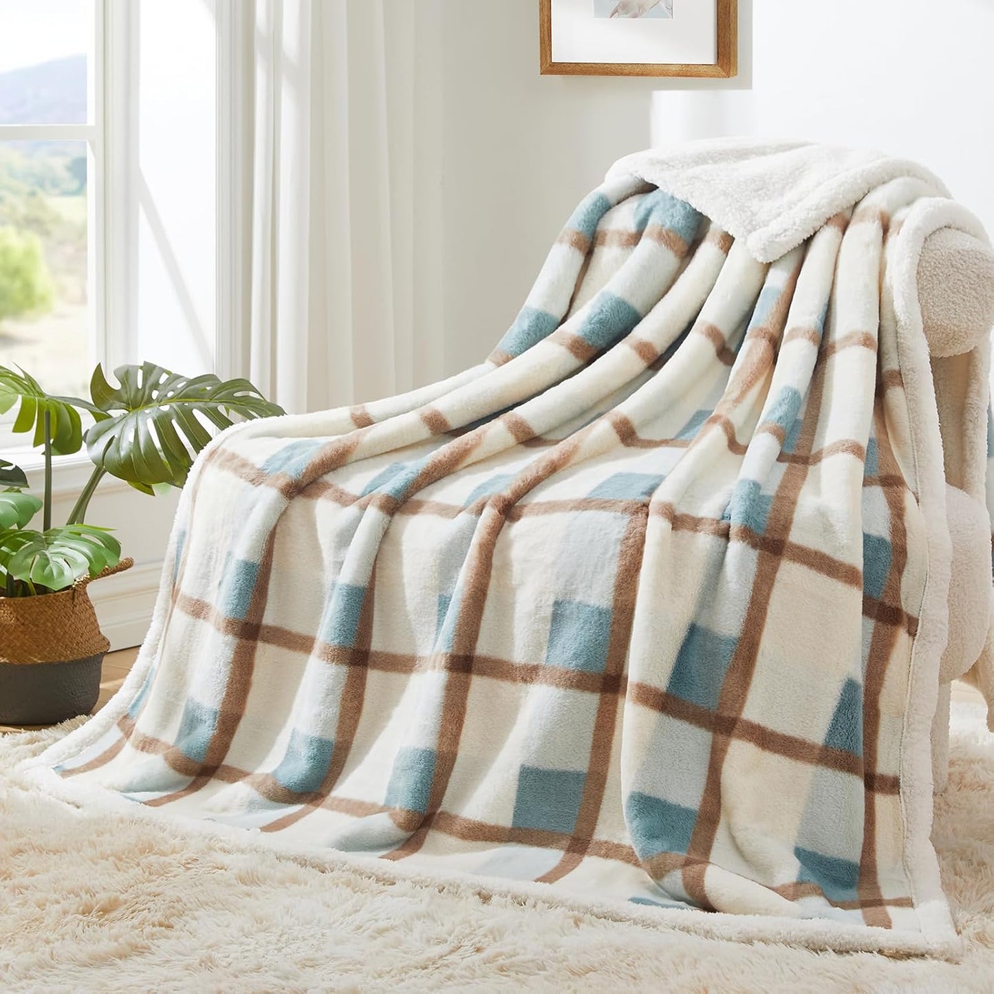 PU MEI Sherpa Fleece Throw Blanket 60" x 80" Reversible Plush Fluffy Large Big Blanket Lattice Flannel Blankets for Sofa Couch Bed (Grey-Soft Blue, 60"*80")