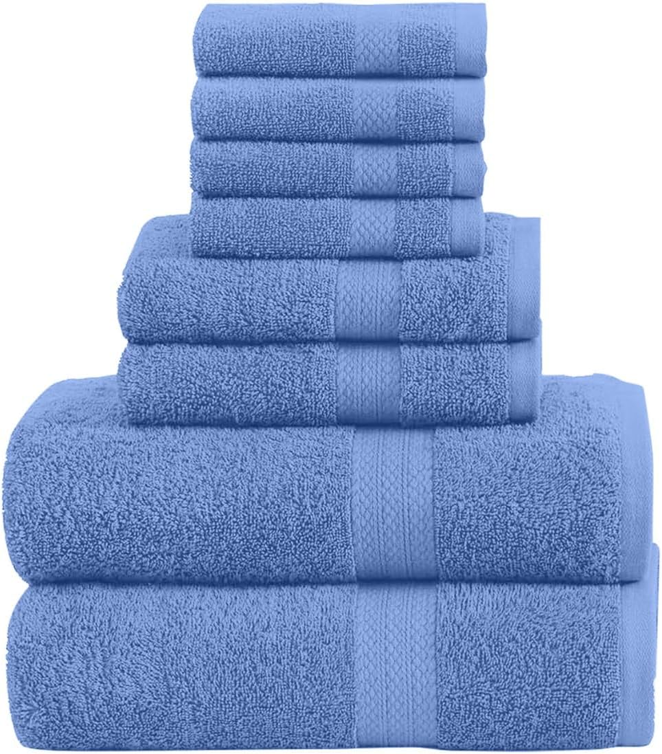Pack of 8 Towels Set, 2 Large Bath Towels, 2 Hand Towels, 4 Wash Cloths, 100% Cotton, Lighter Weight, Quicker to Dry, Super Absorbent, Perfect for Bathroom (Grey)