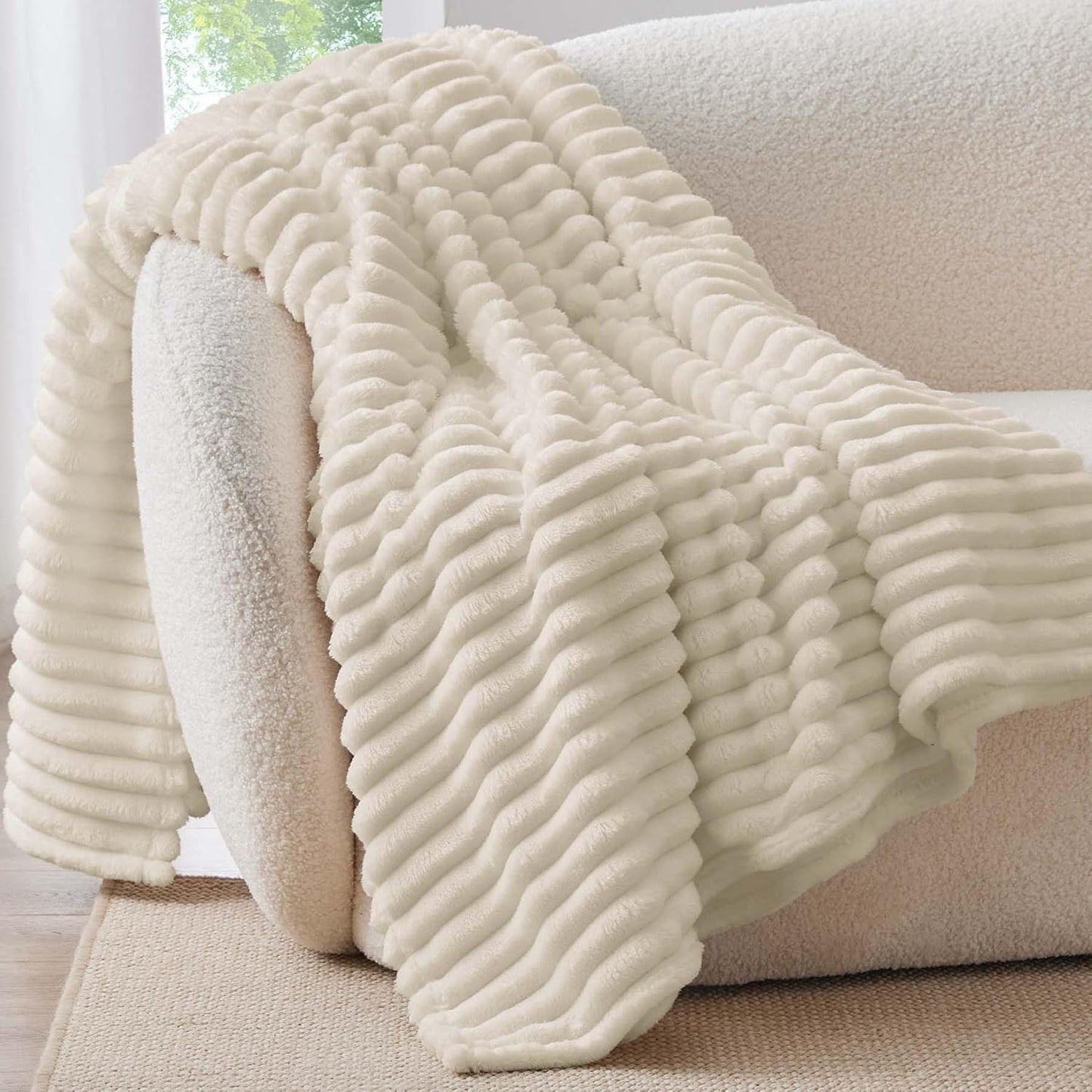 BEDELITE Fleece Throw Blanket for Couch - 300GSM Soft & Warm Fluffy Cream White Blanket, Decorative and Giftable Striped Blankets for Women, Men, 50"x60"