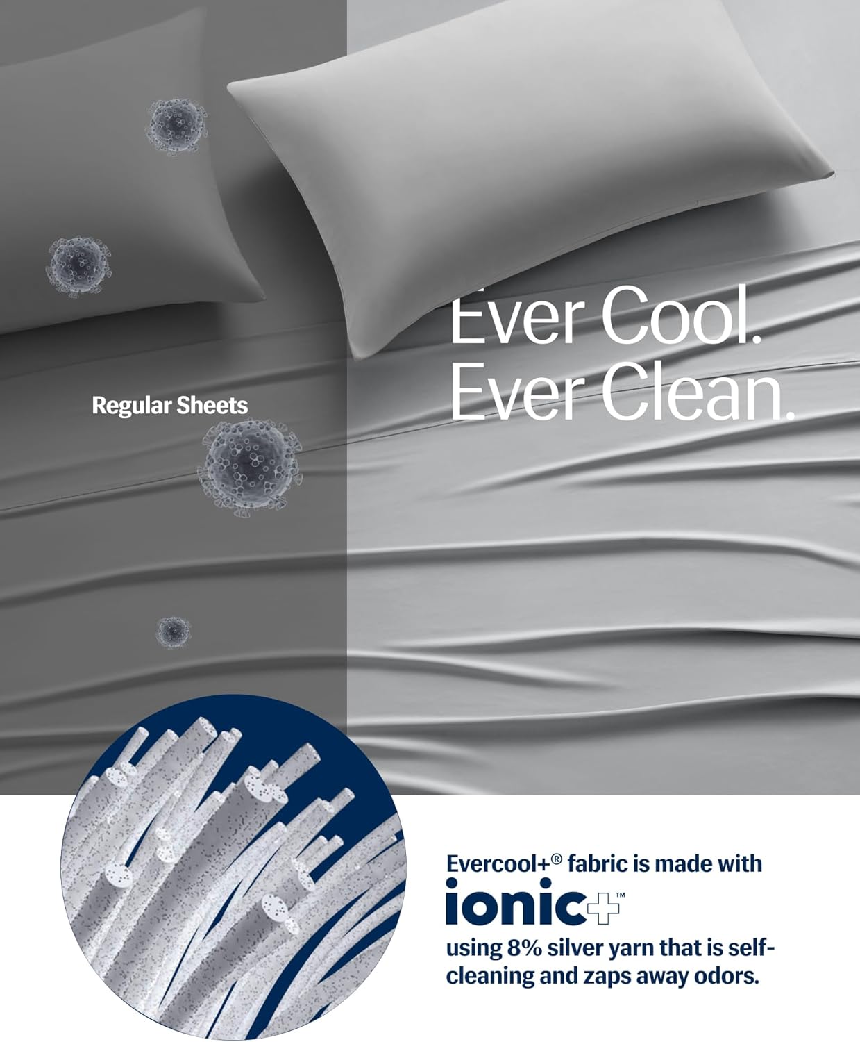 REST® Evercool®+ Cooling Sheet Set, Queen Size, Light Gray, Breathable Bed Sheets for Hot Sleeper and Night Sweats, with Pillowcases, with Ionic+ Self-Cleaning Silver Yarn for Sensitive Skin, 4PCS