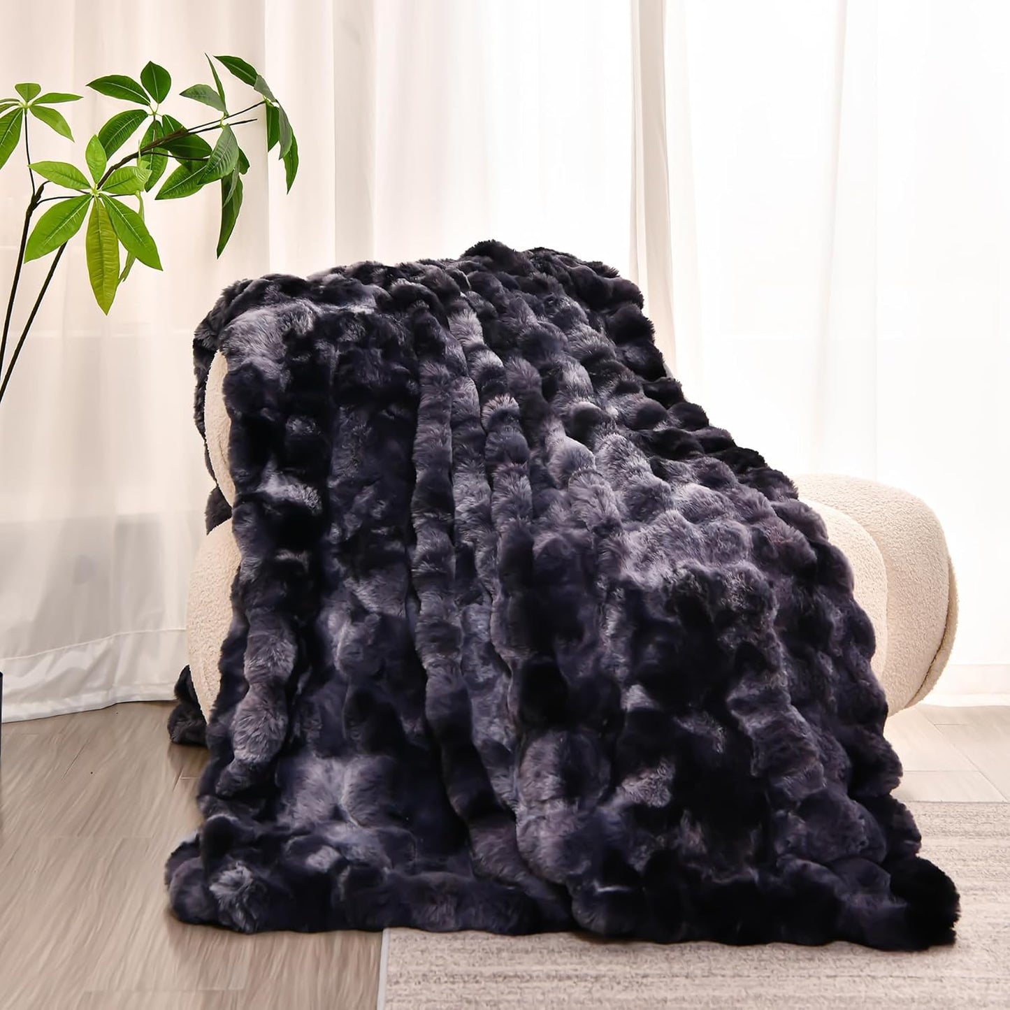 H&D Faux Fur Throw Blanket for Couch,Fluffy Cozy Soft Plush Luxury Thick Fuzzy Fleece Blanket for Couch Bed Sofa Bedroom Living Room,Comfy Bubble Blanket (Ivory, Throw (50" x 60"))